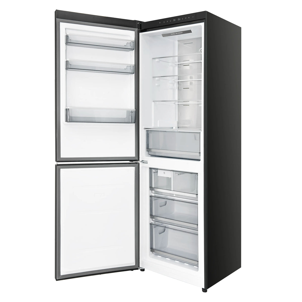 Black bottom freezer open with white interior shelves and drawers