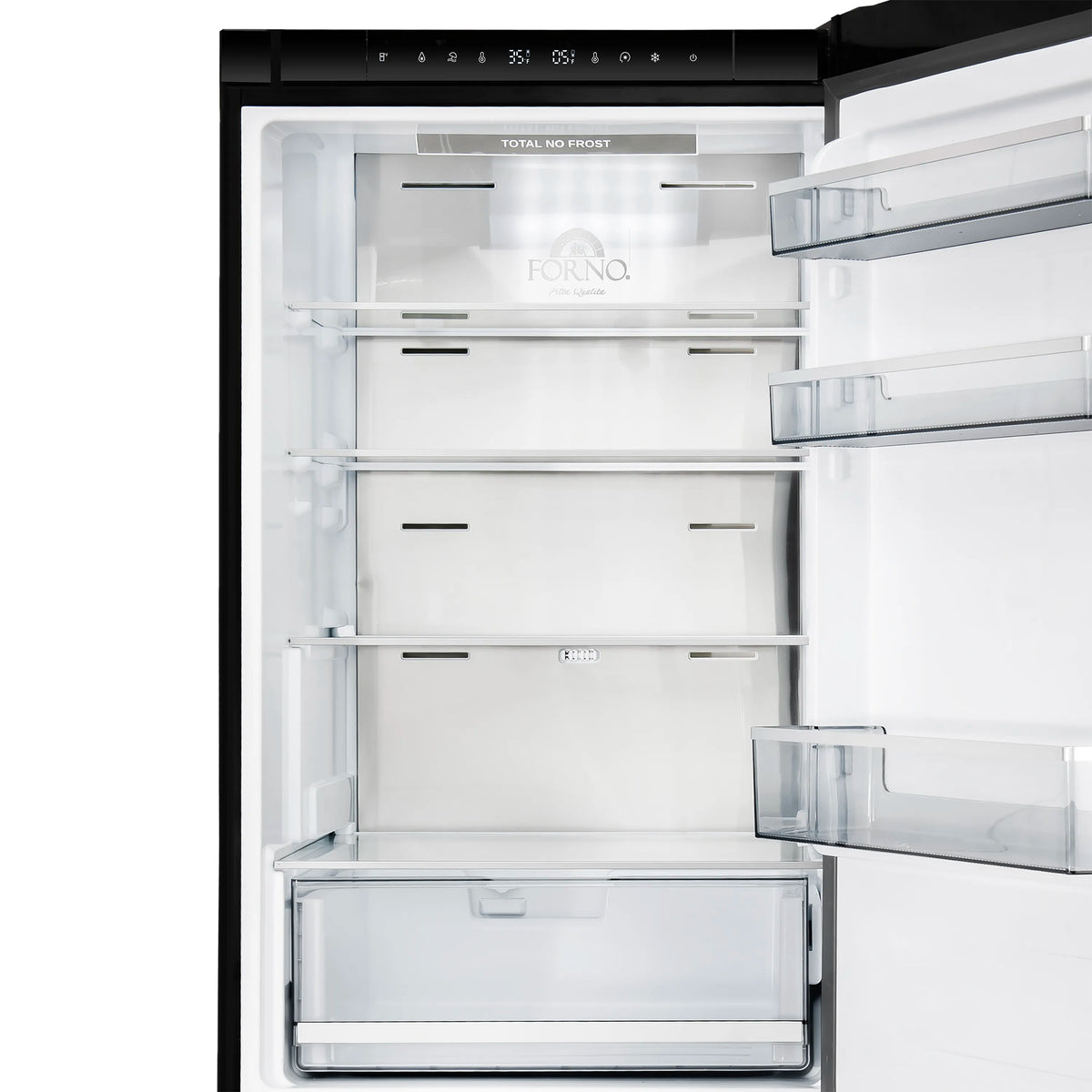 Bottom freezer interior with clear shelves and front drawer, open door