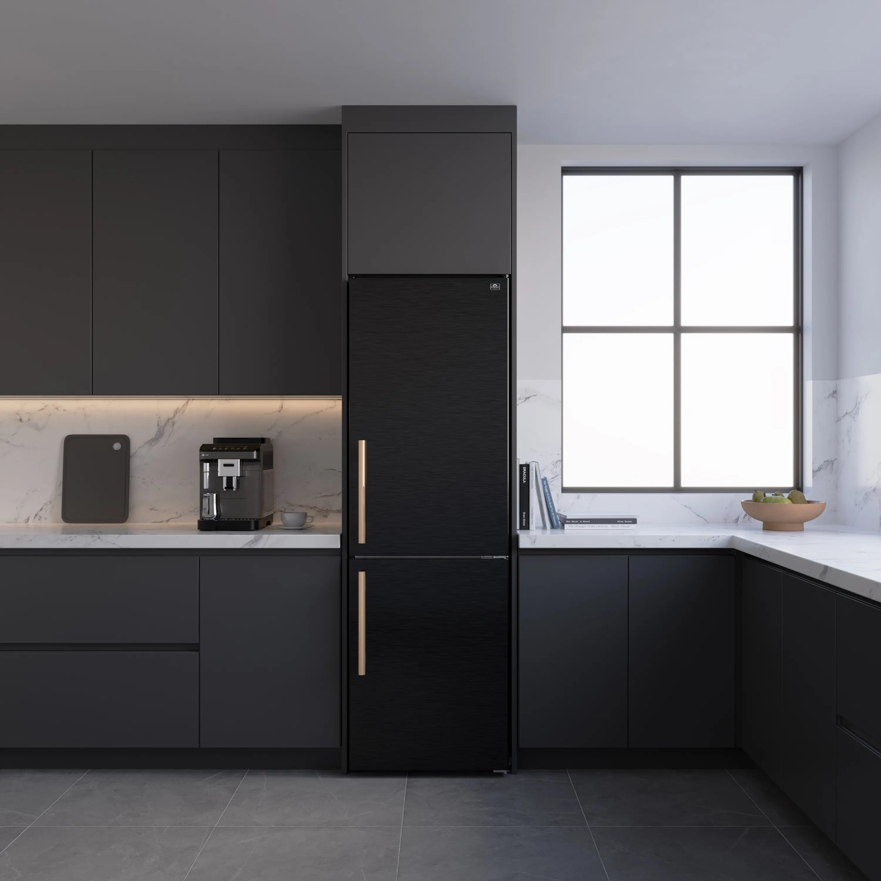 Black bottom freezer with antique brass handles, doors closed