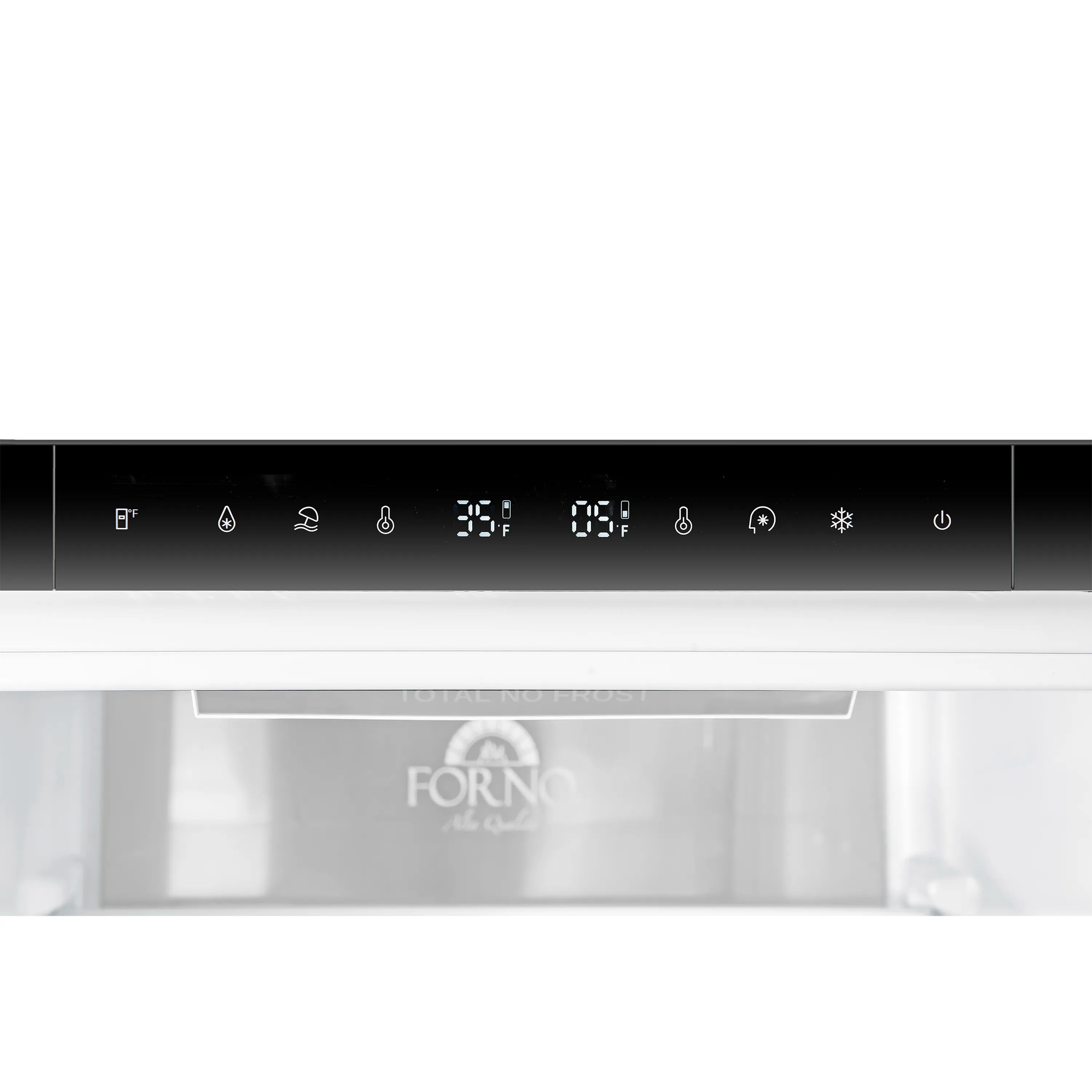 Refrigerator control panel with digital temperature display and indicator icons