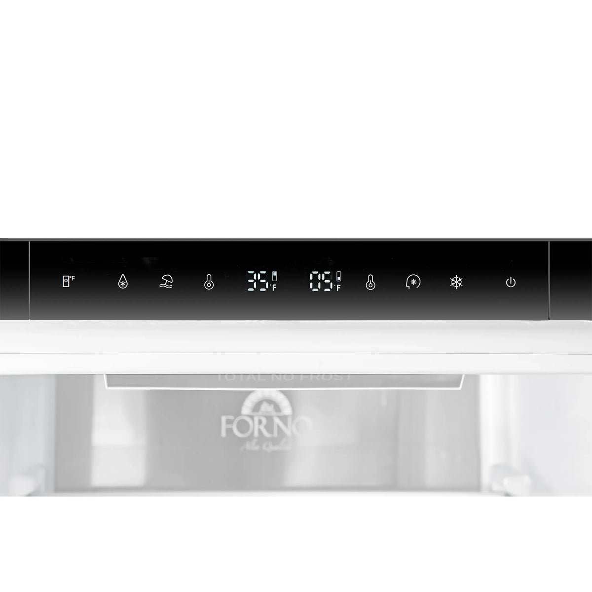 Black refrigerator-freezer control panel with digital display and function icons