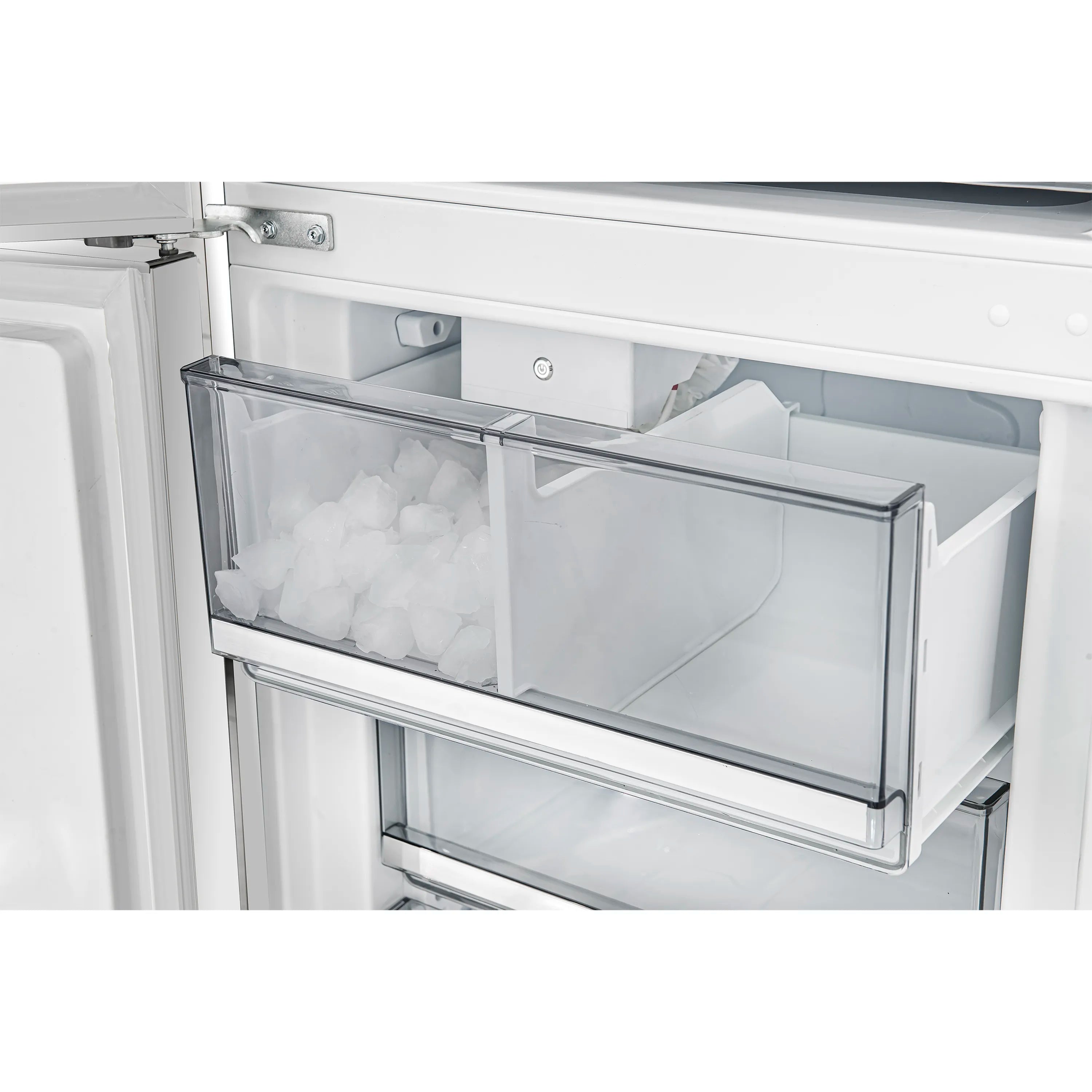 Refrigerator door freezer drawer with transparent bin and visible ice tray