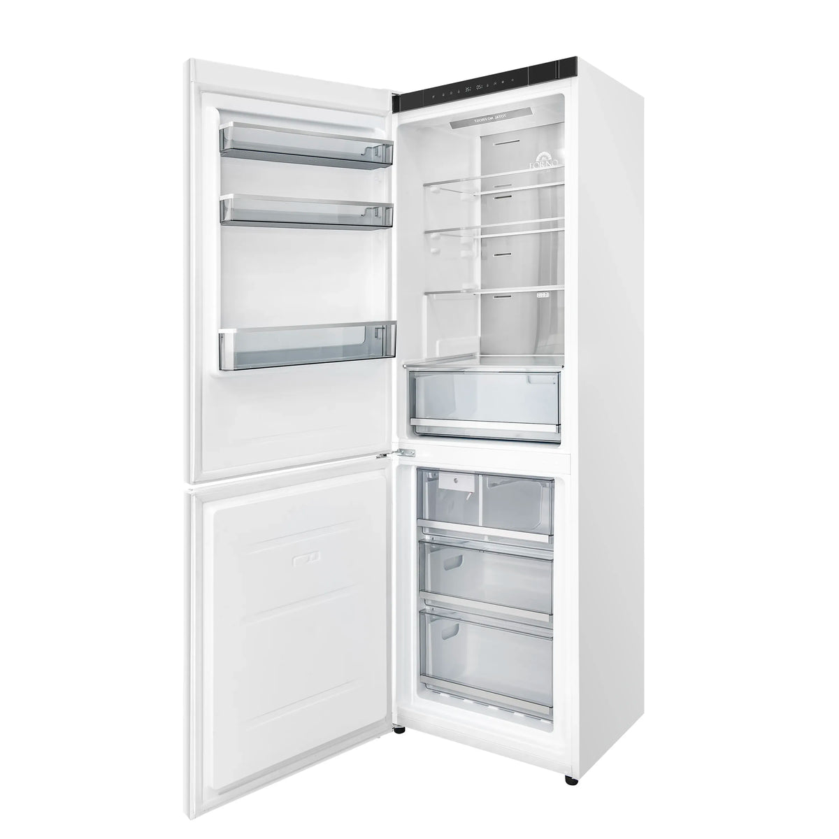 White bottom freezer refrigerator interior with shelves and freezer drawer open
