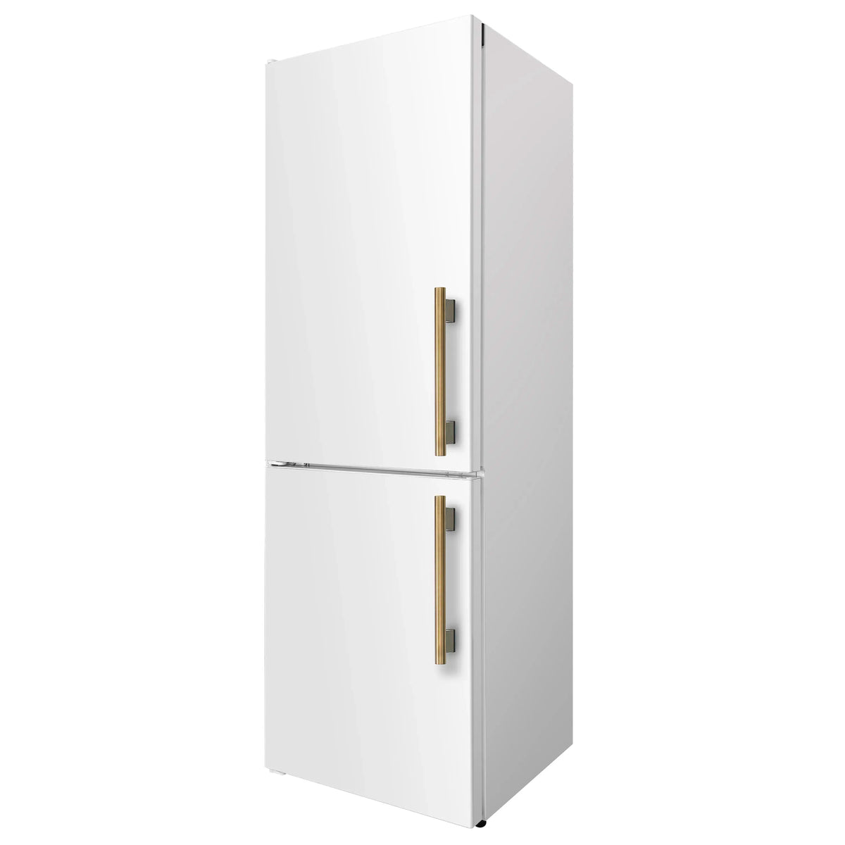 White bottom freezer refrigerator with two antique brass door handles