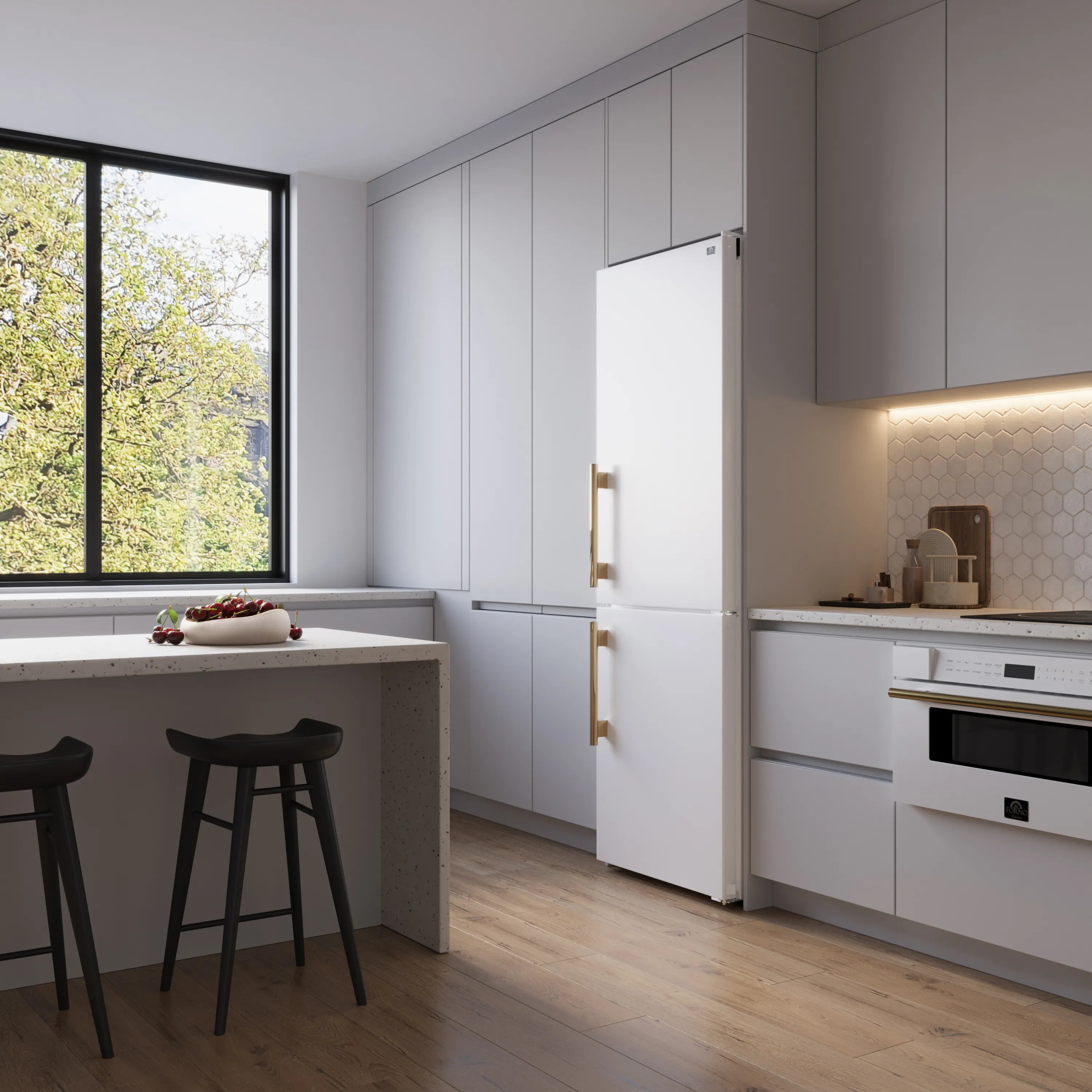 White bottom-freezer refrigerator in a kitchen with antique brass handles and open door.
