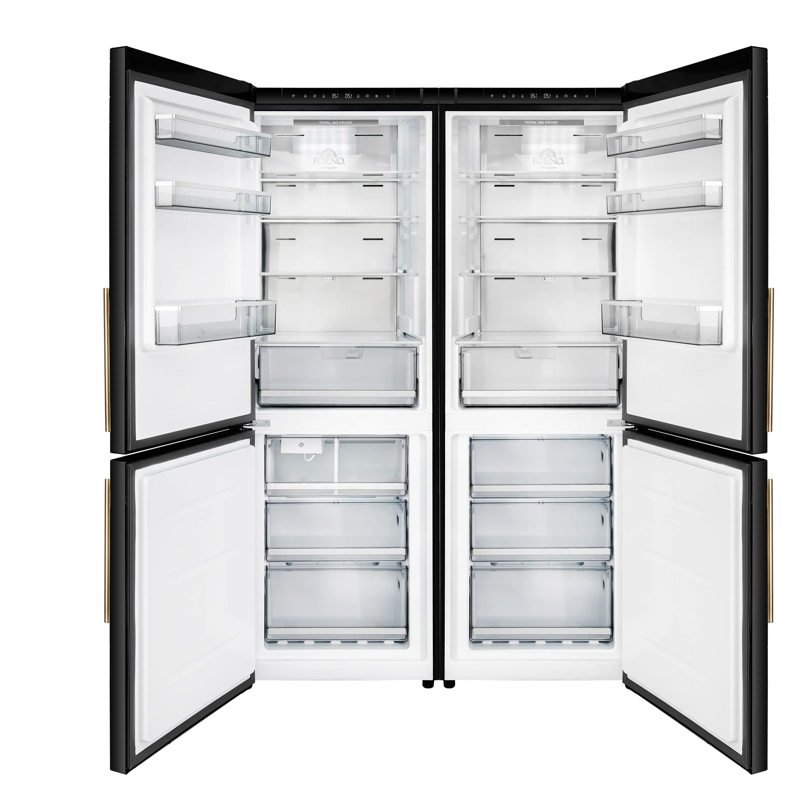 Open black bottom freezer refrigerator showing white interior shelves