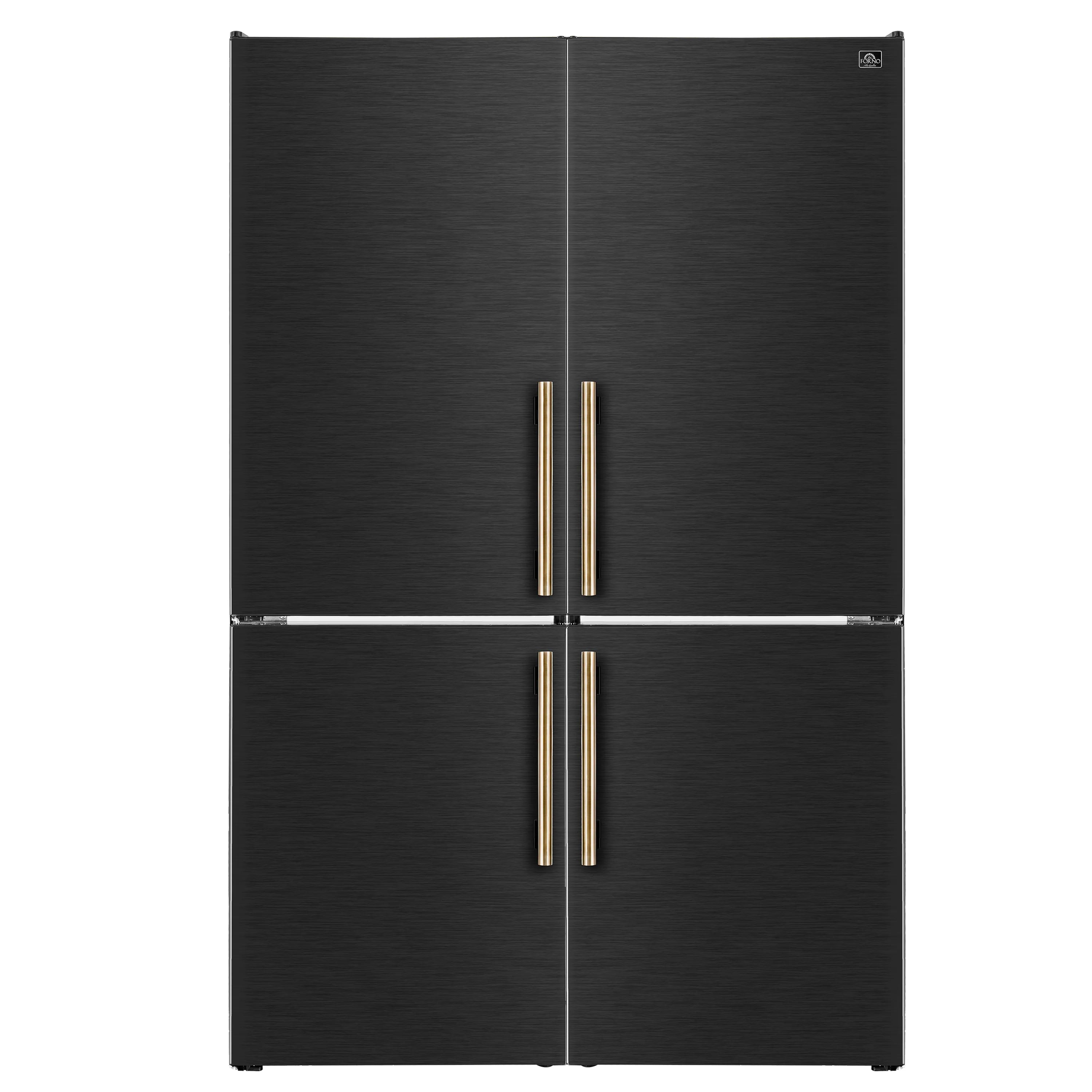 Black bottom freezer refrigerator with four antique brass vertical handles