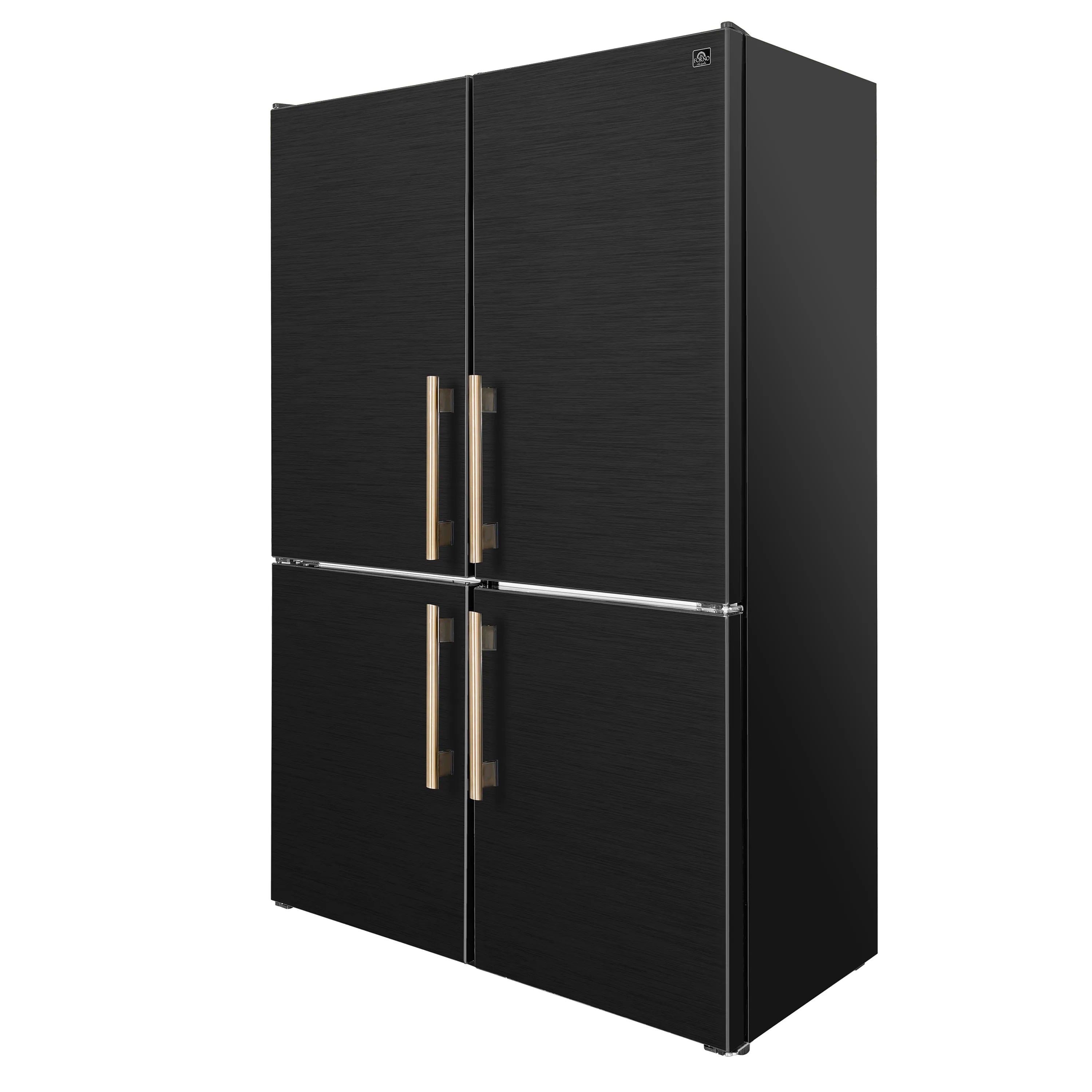 Black bottom freezer refrigerator with antique brass cross handles, angled view