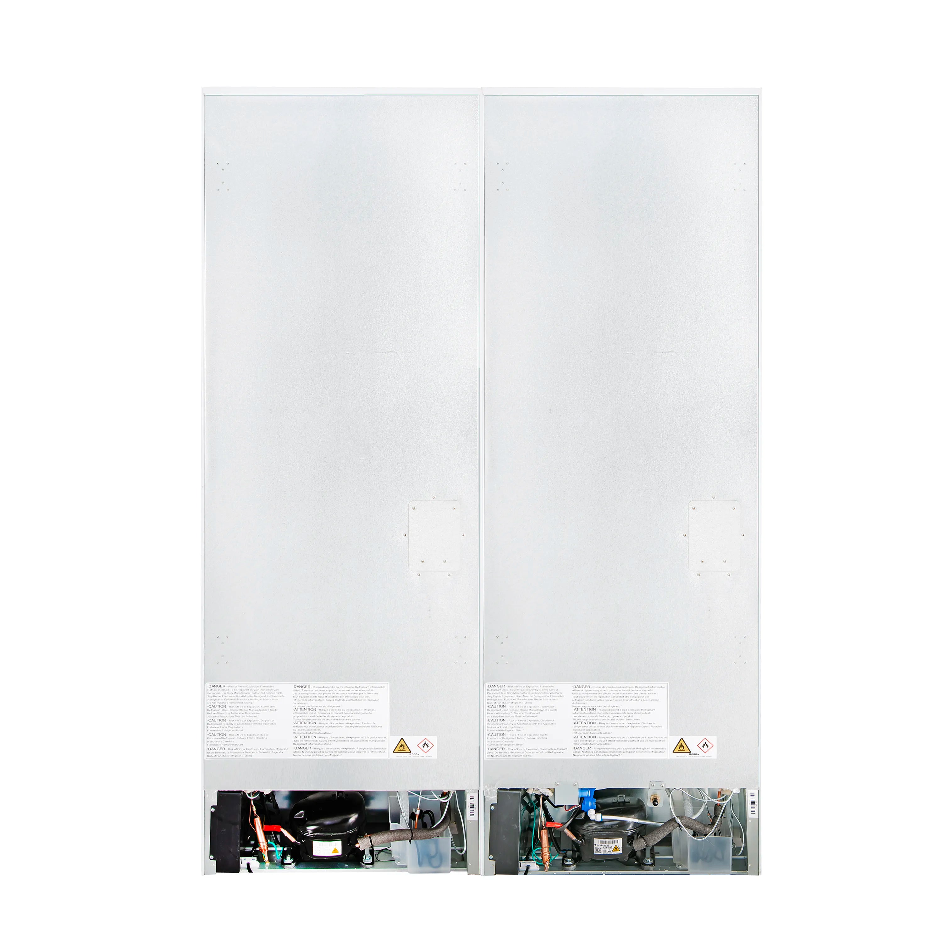 Refrigerator back panel showing internal access wiring and warning labels