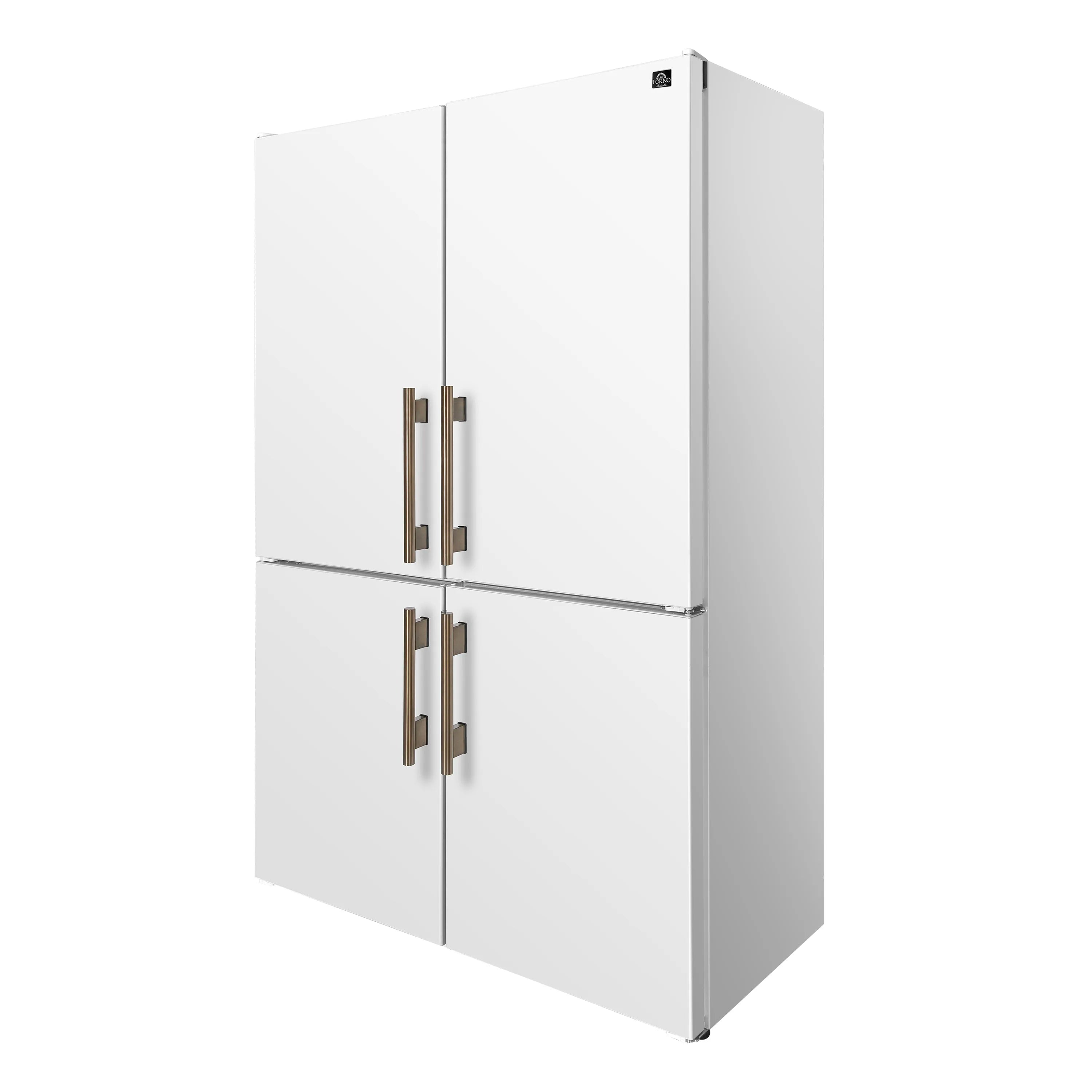 White bottom freezer refrigerator side view with antique brass handles