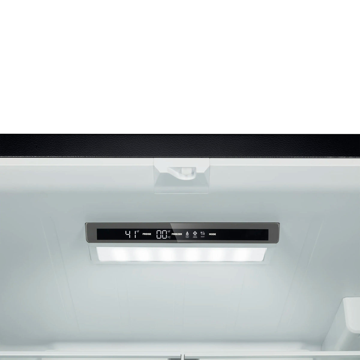 French door refrigerator interior display panel with 4°F setting and control icons