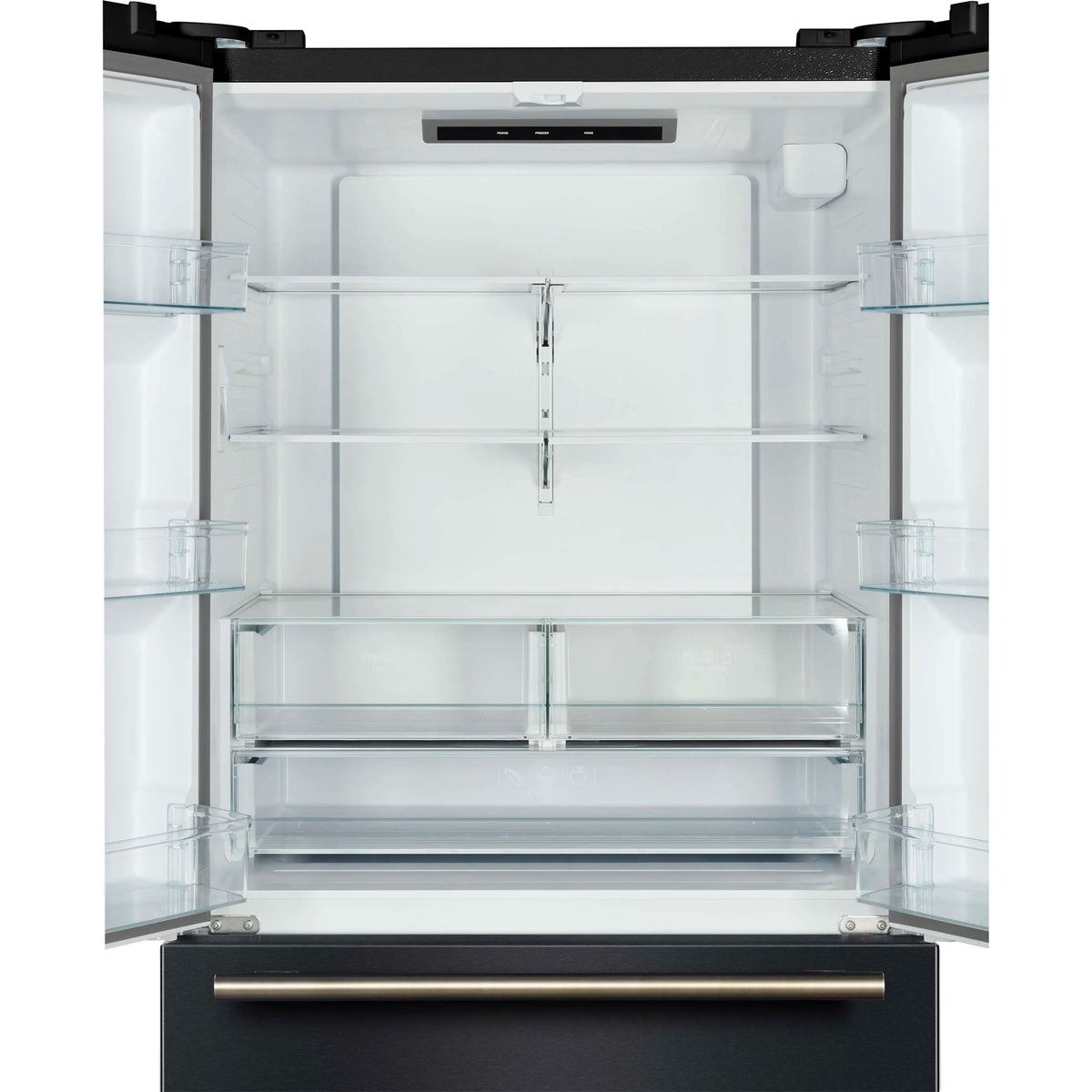 Open refrigerator interior with glass shelves, divider, and door-mounted racks
