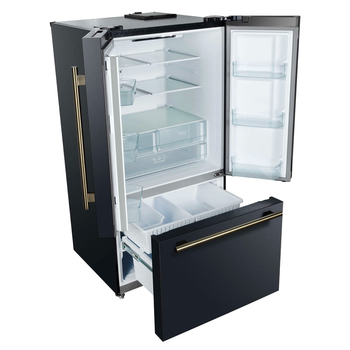 Black refrigerator with open door showing interior shelves and bottom freezer drawer
