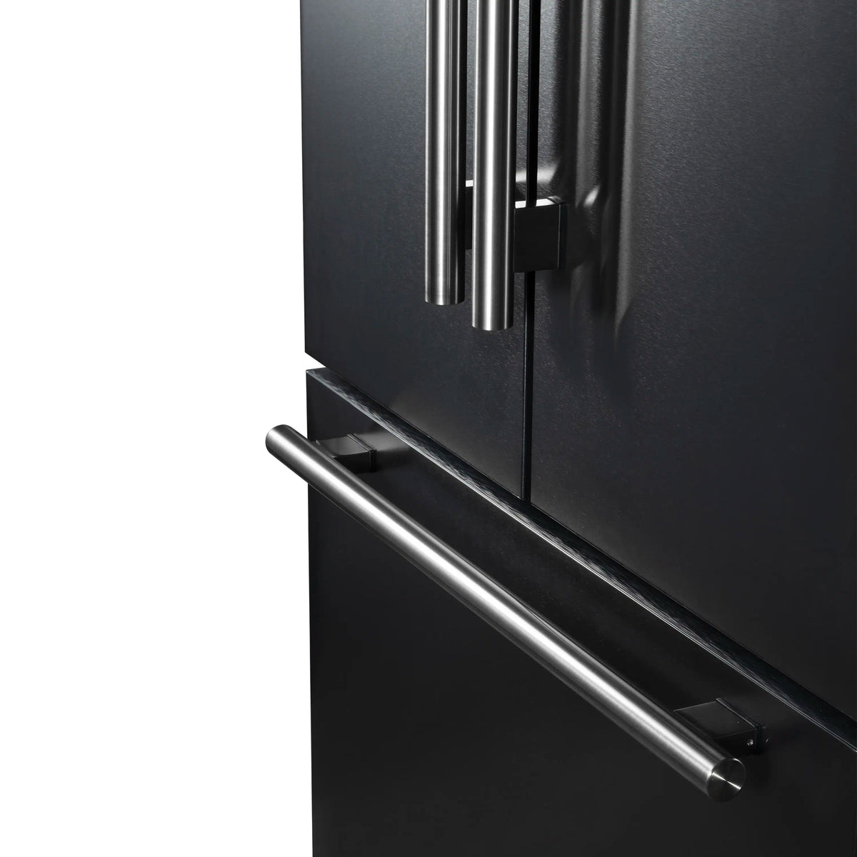 Black French door refrigerator with stainless steel side handle and dispenser area