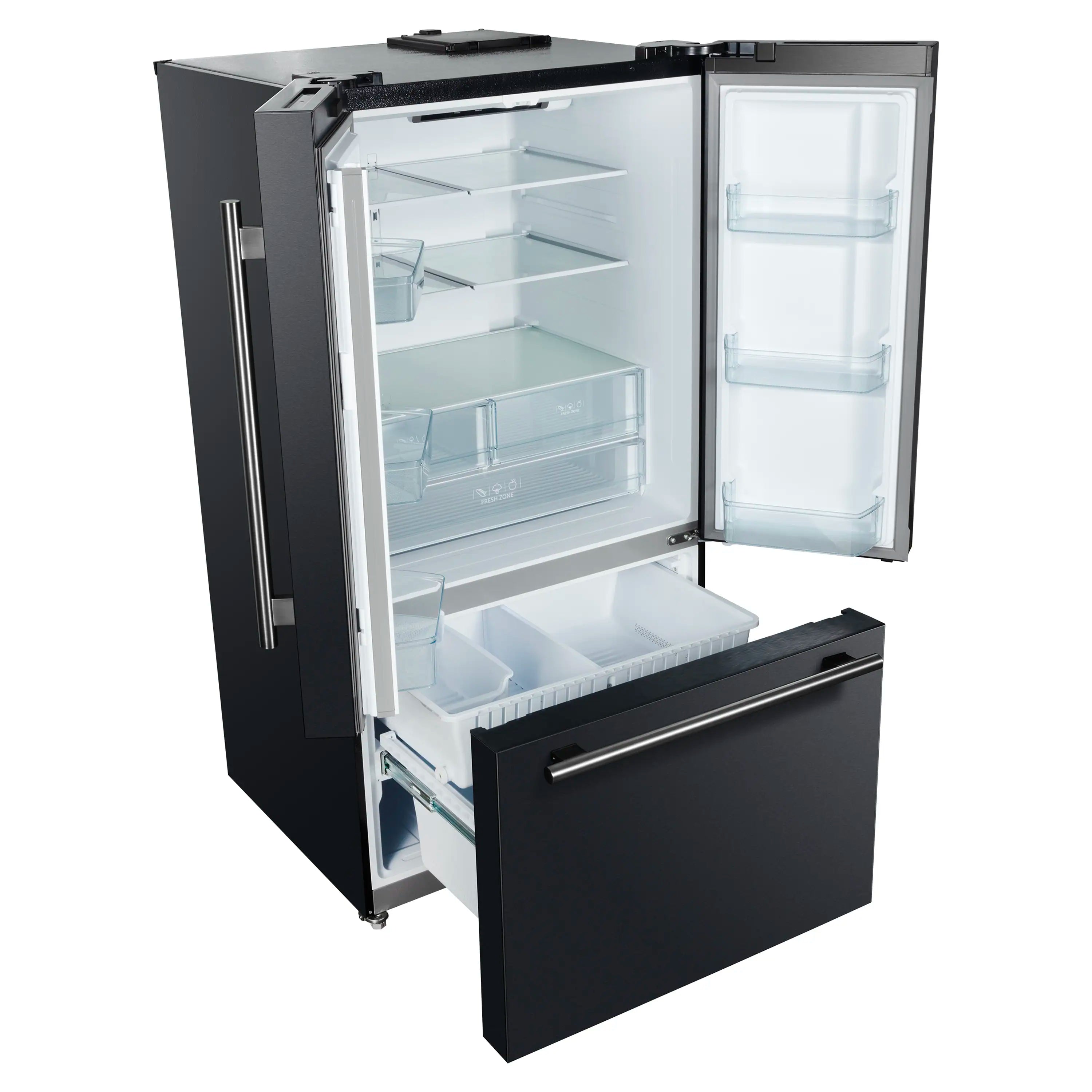 Open black French door refrigerator showing interior shelves, bins, and freezer drawer
