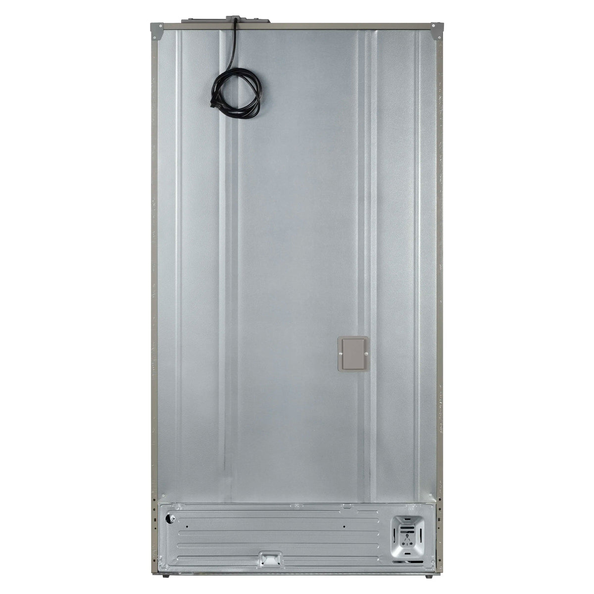 Refrigerator rear panel frame with power inlet and water line connection