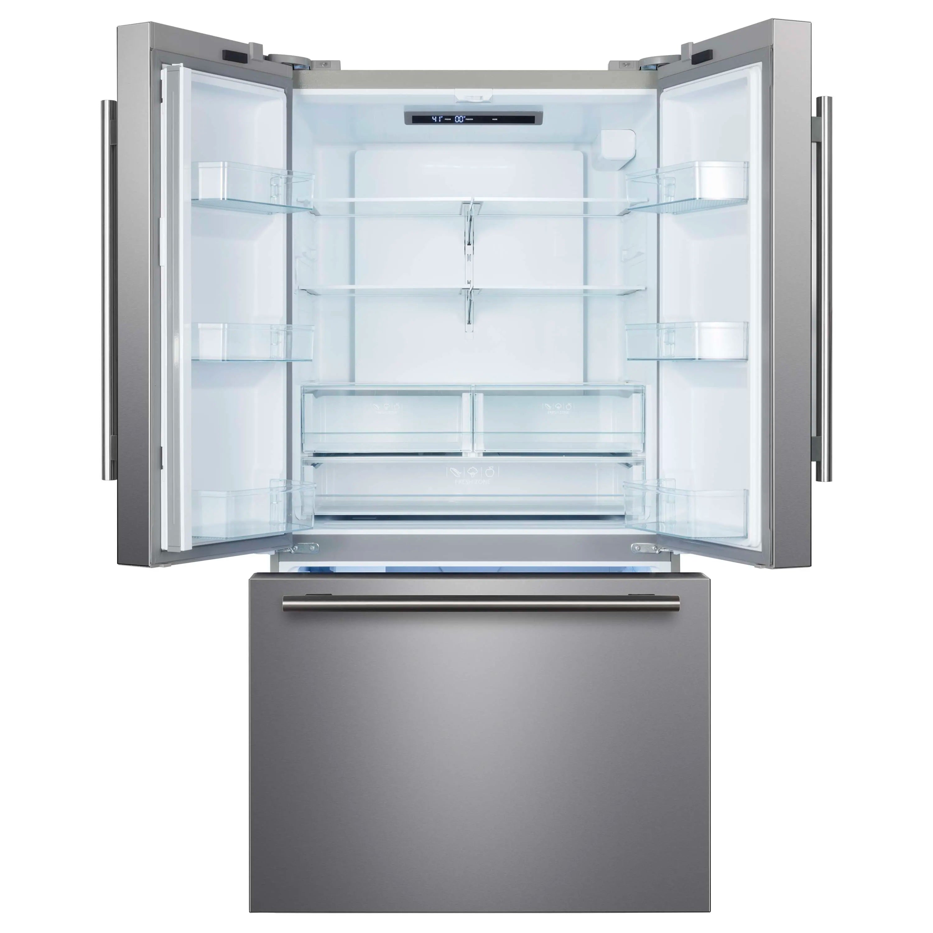 Stainless French door refrigerator with open doors, glass shelves, and bottom freezer drawer