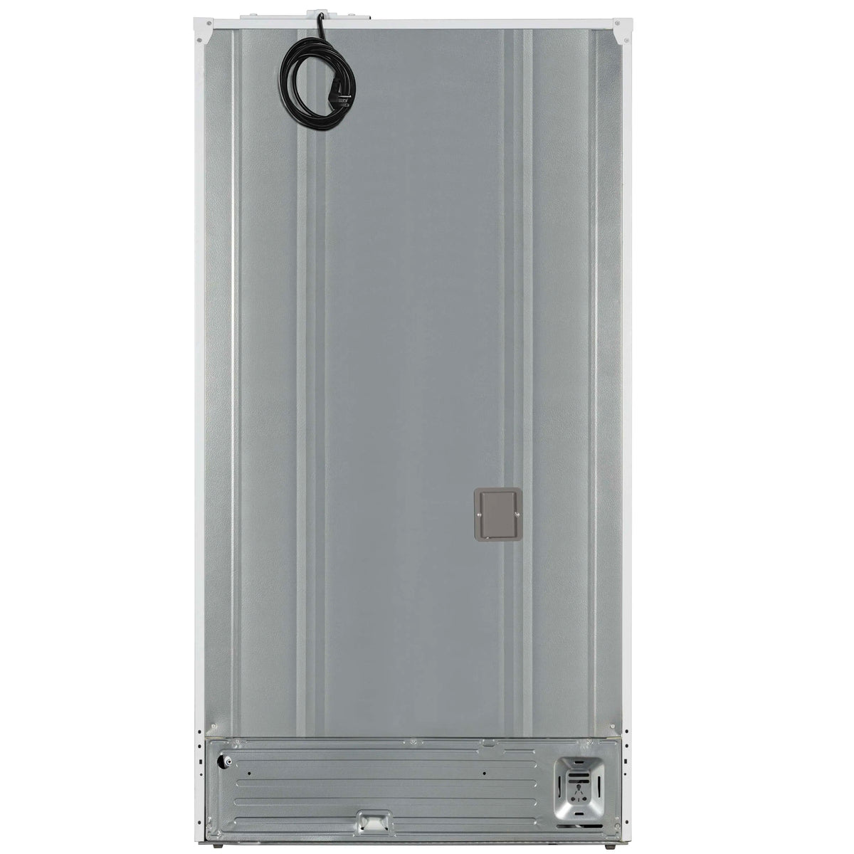 White French door refrigerator rear panel with power cord and water dispenser control