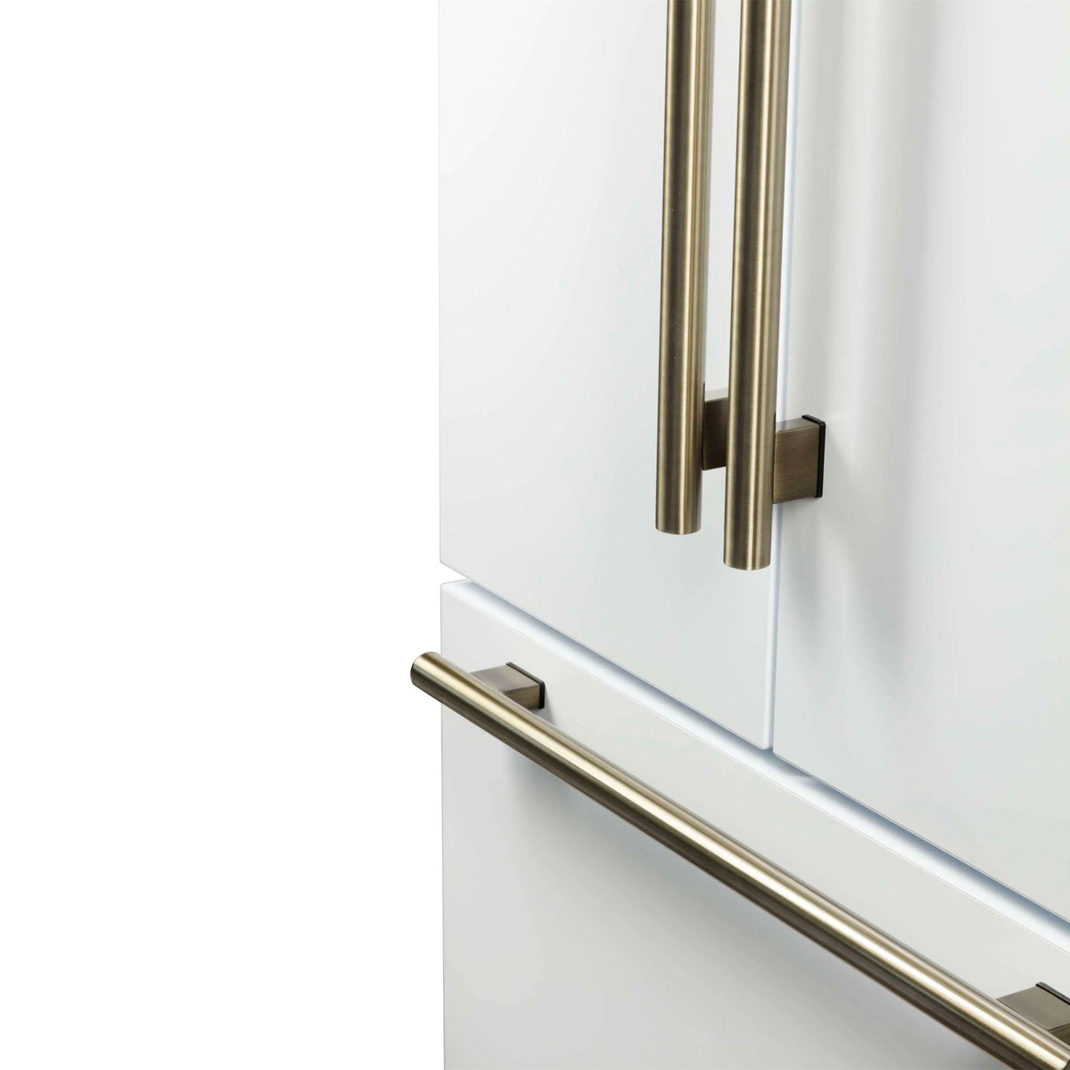 White French door refrigerator with antique brass handles and water dispenser control