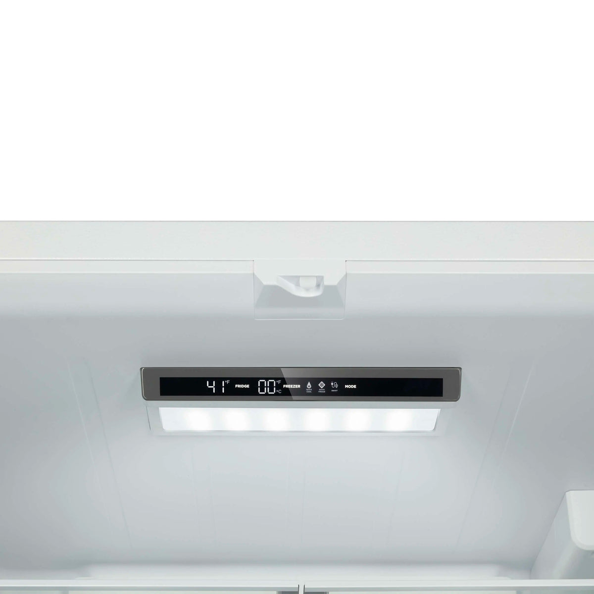 White refrigerator with internal water dispenser display and touch control panel