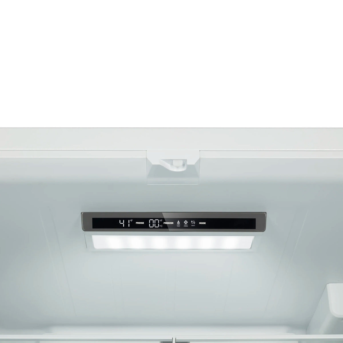 White refrigerator internal water dispenser with digital control panel and black display