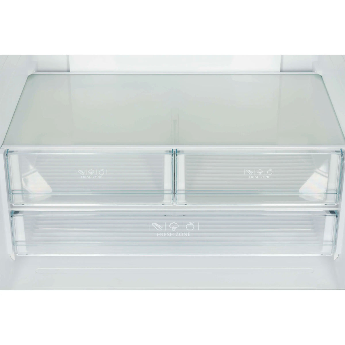 Clear-bin freezer compartment with see-through drawers in white refrigerator