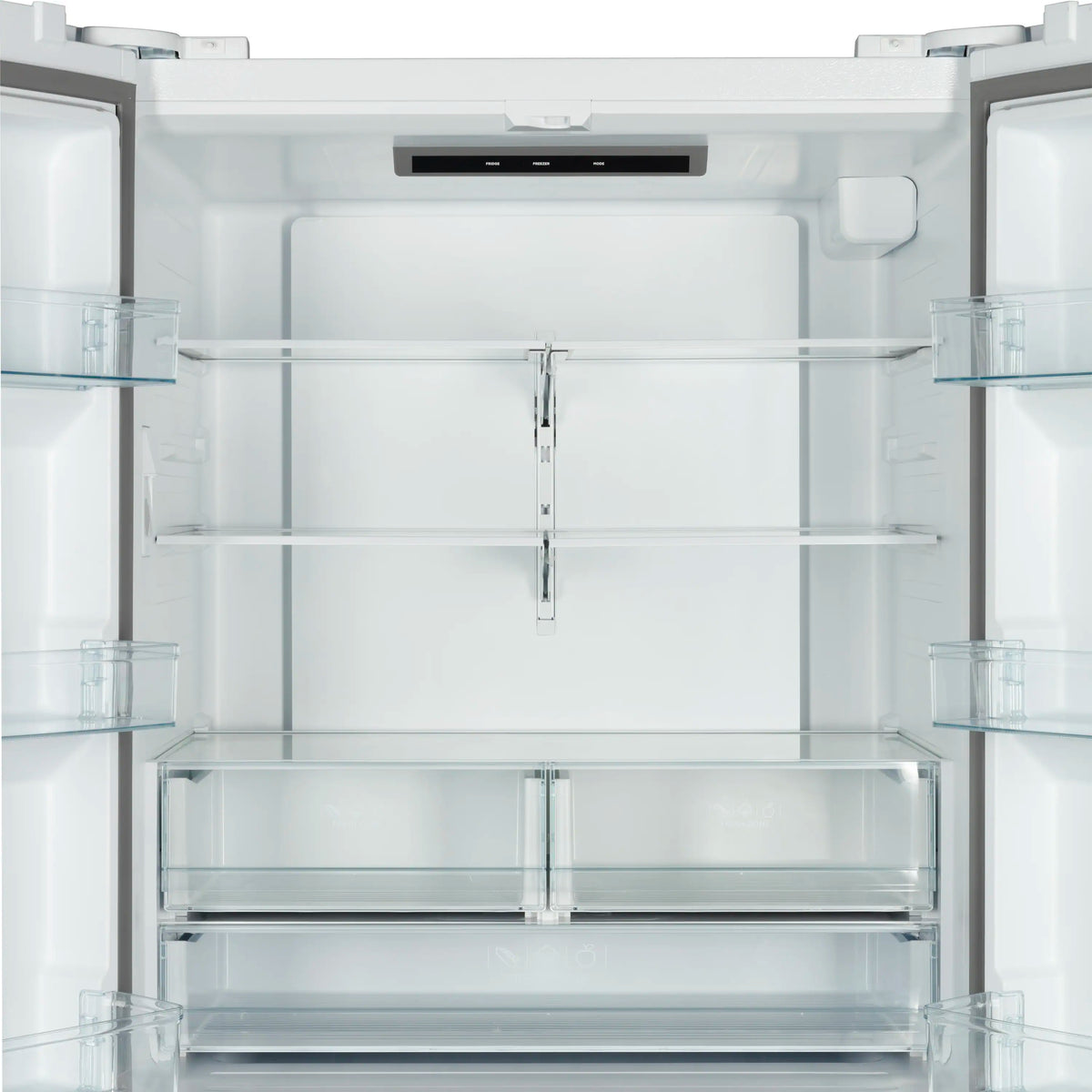 White refrigerator interior with two-door layout and adjustable glass shelves