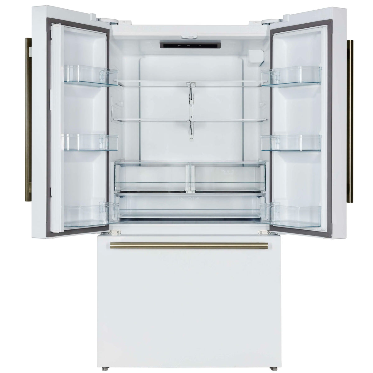 Open white French door refrigerator interior with glass shelves and central divider