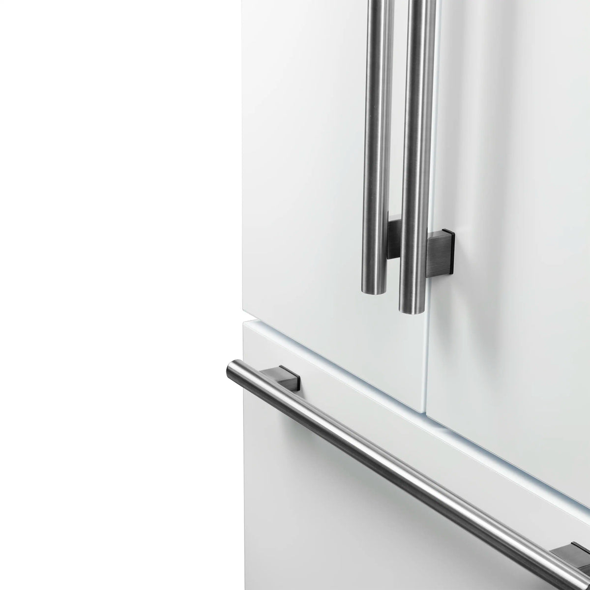 White refrigerator doors with tall stainless steel handles and a horizontal bottom handle
