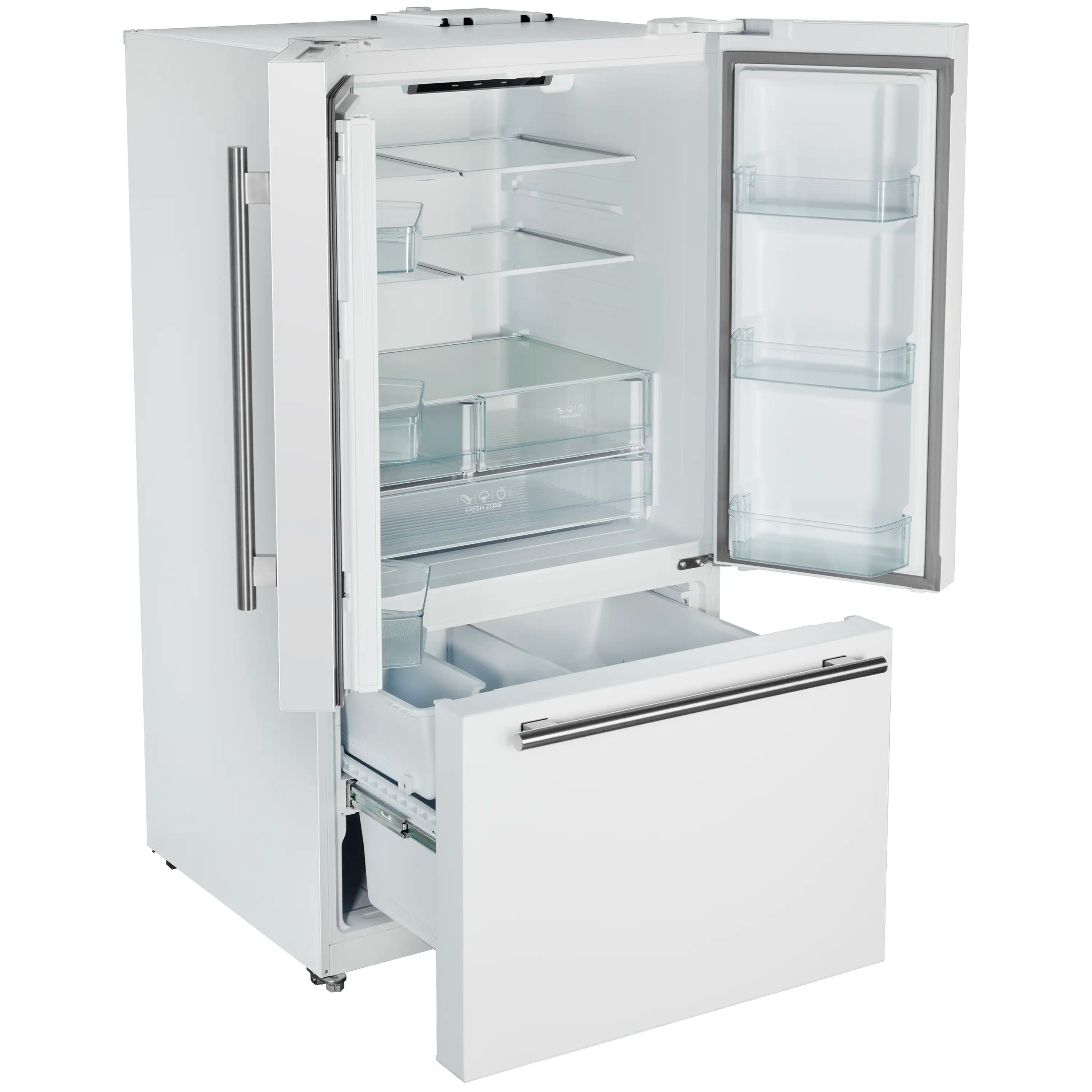 White French door refrigerator shown open with glass shelves and bottom freezer drawer