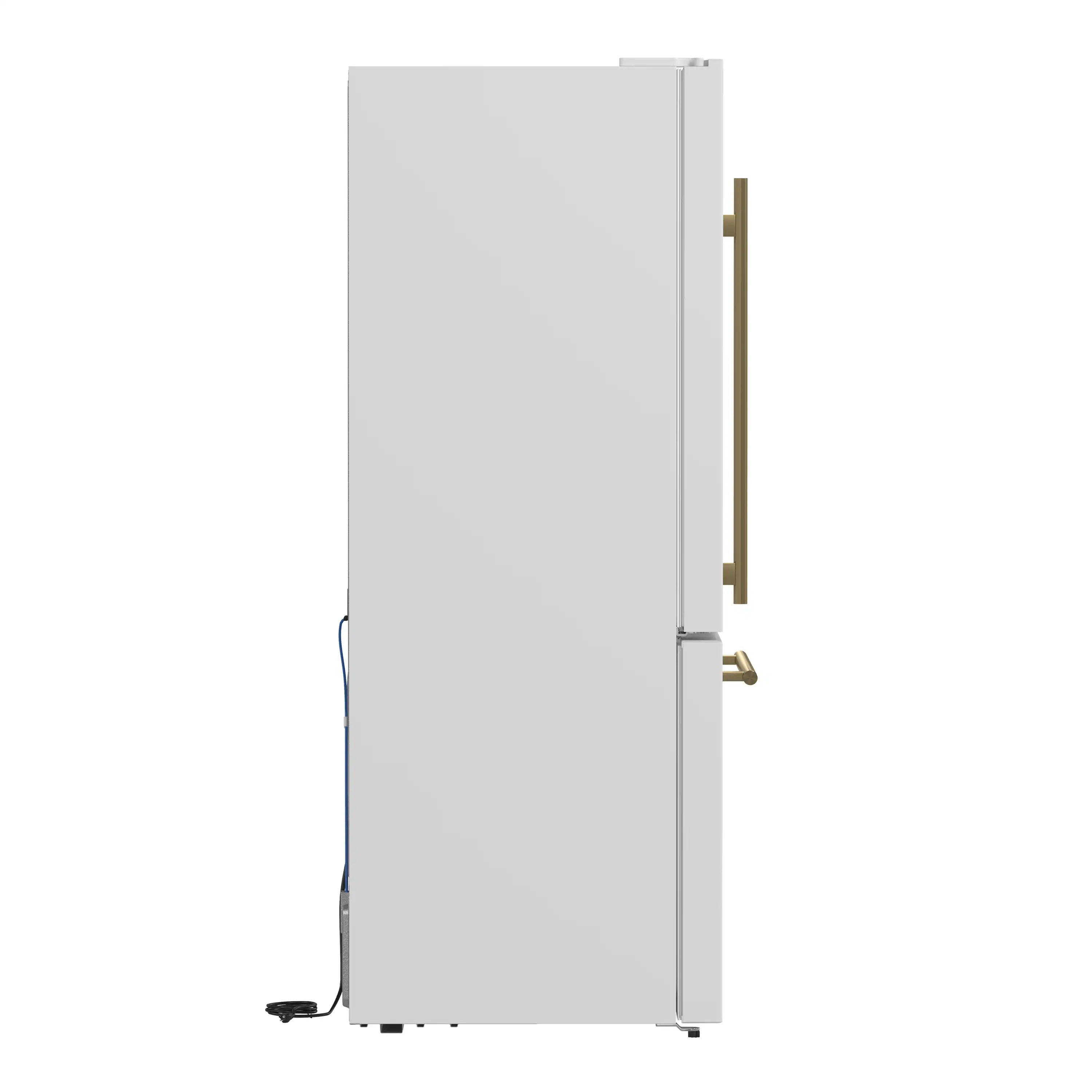 White refrigerator side view with antique brass handle and door-side hinge area