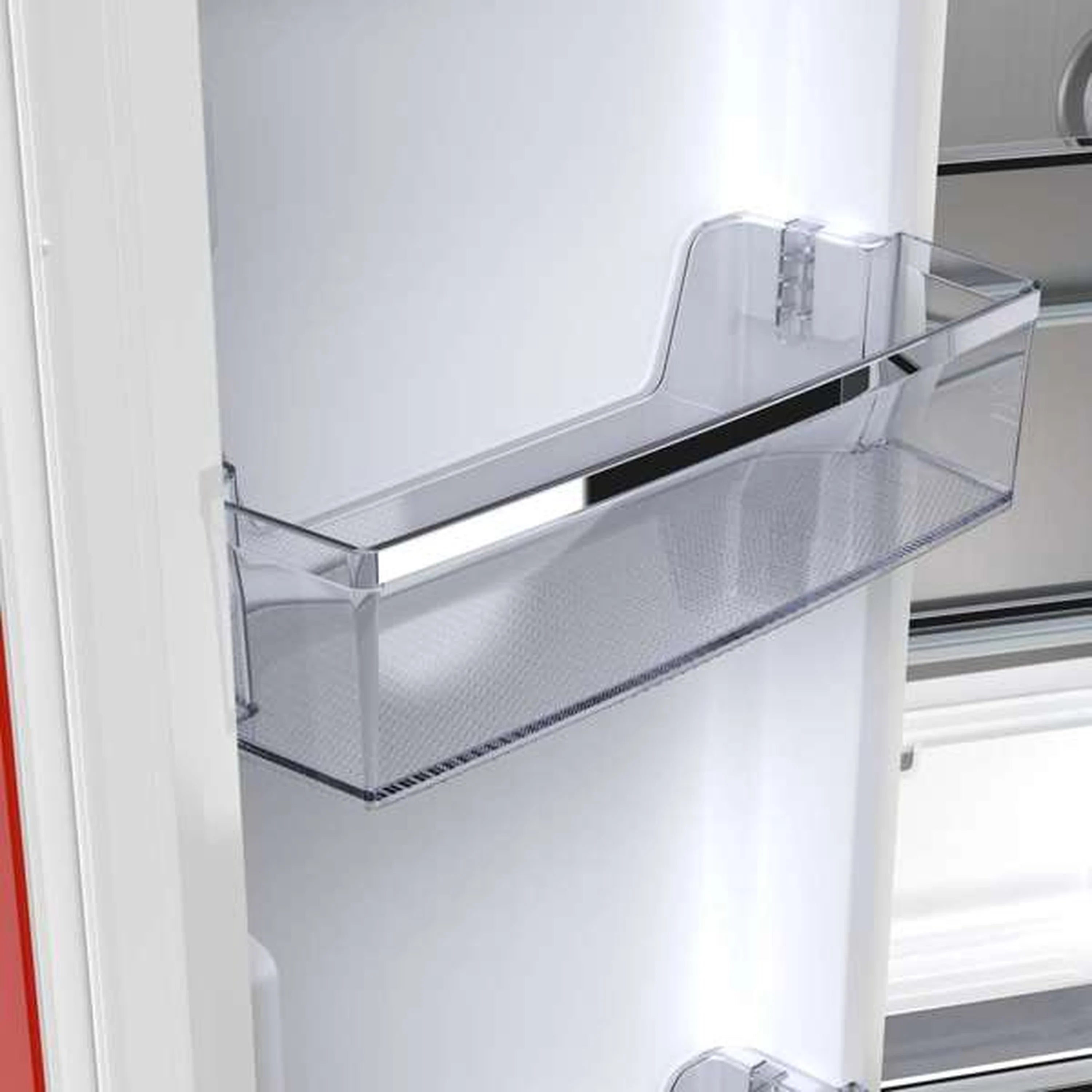 Clear refrigerator door bin with metal-framed shelf and side divider.