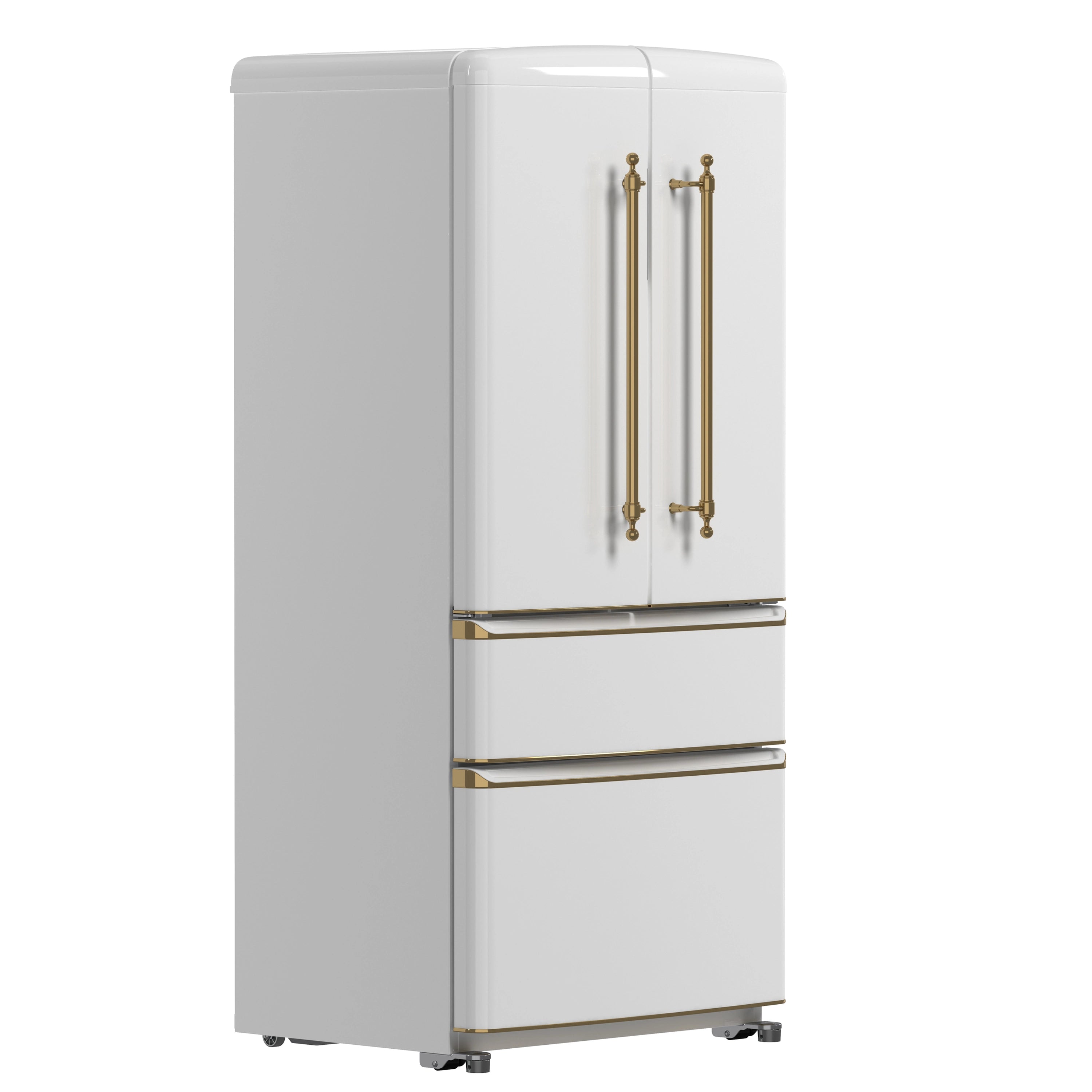 White bottom freezer refrigerator with two vertical antique brass handles