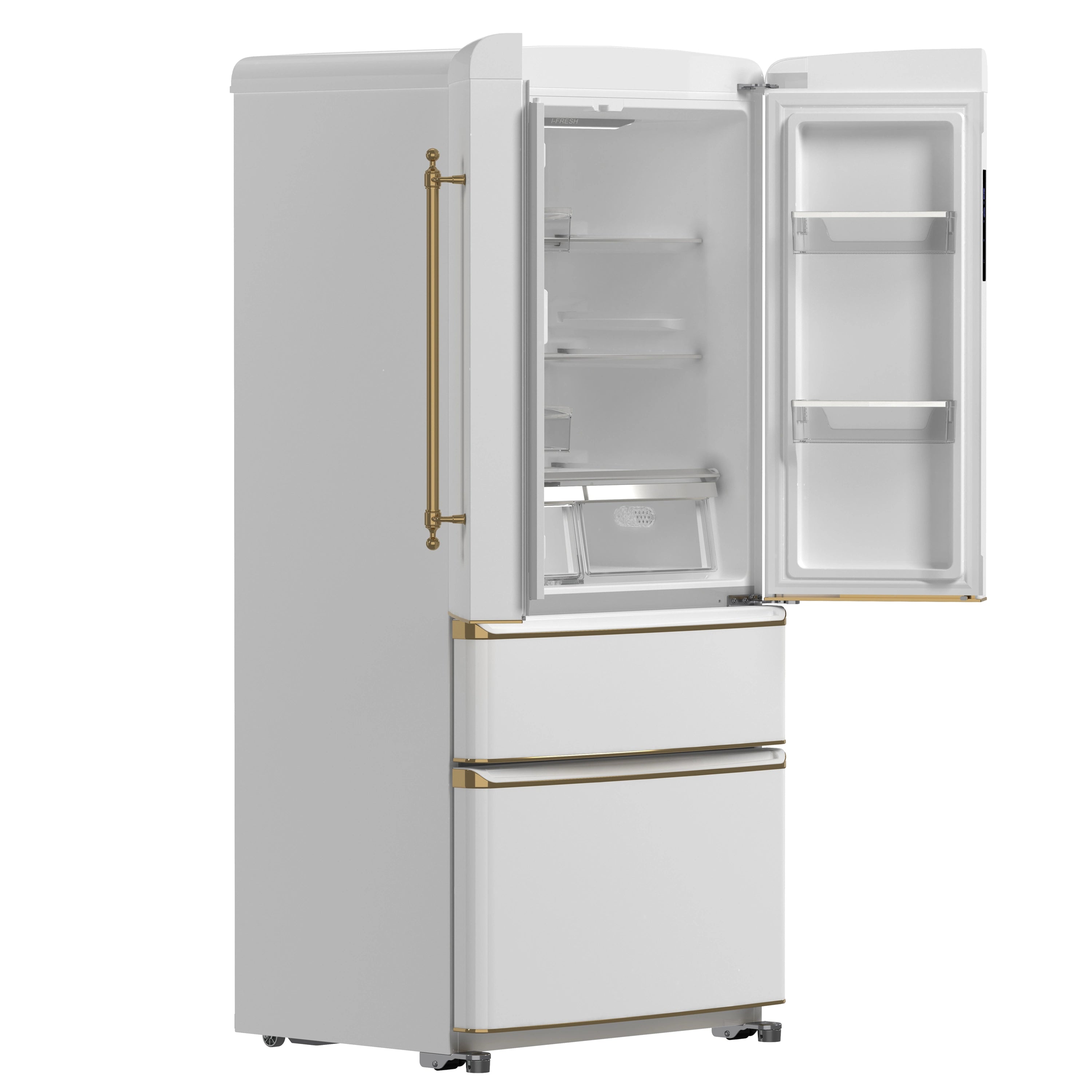 White refrigerator with open French doors showing shelves and drawers
