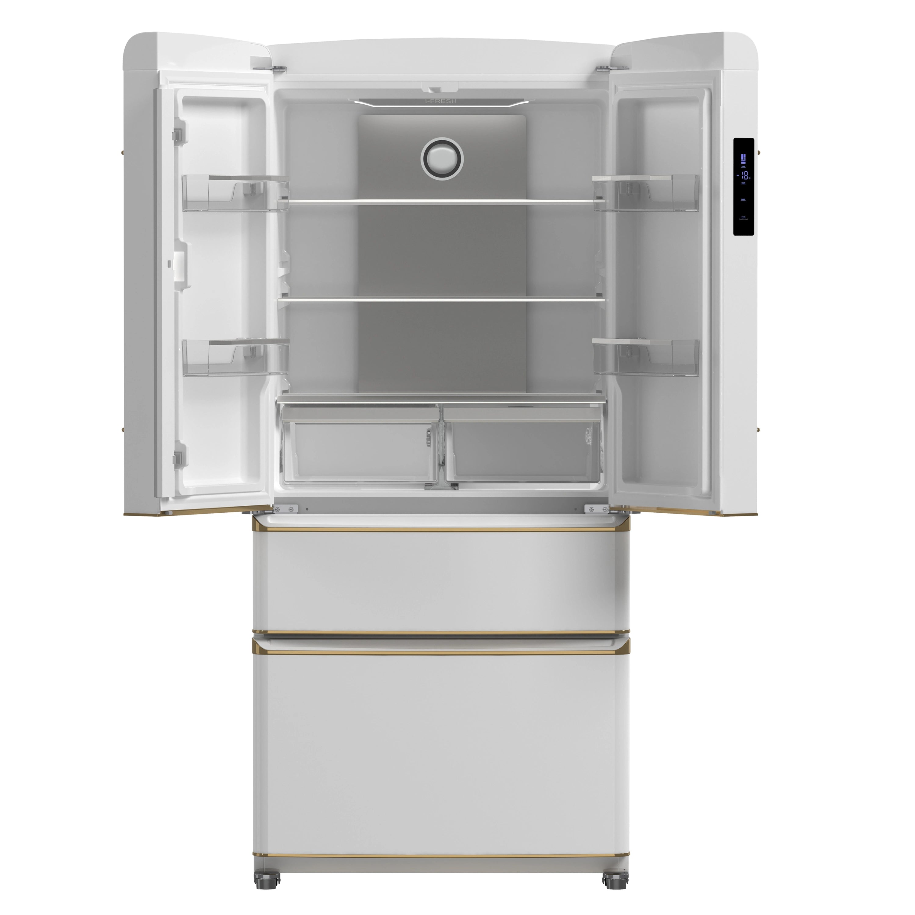White French door refrigerator with antique brass handles and open upper doors