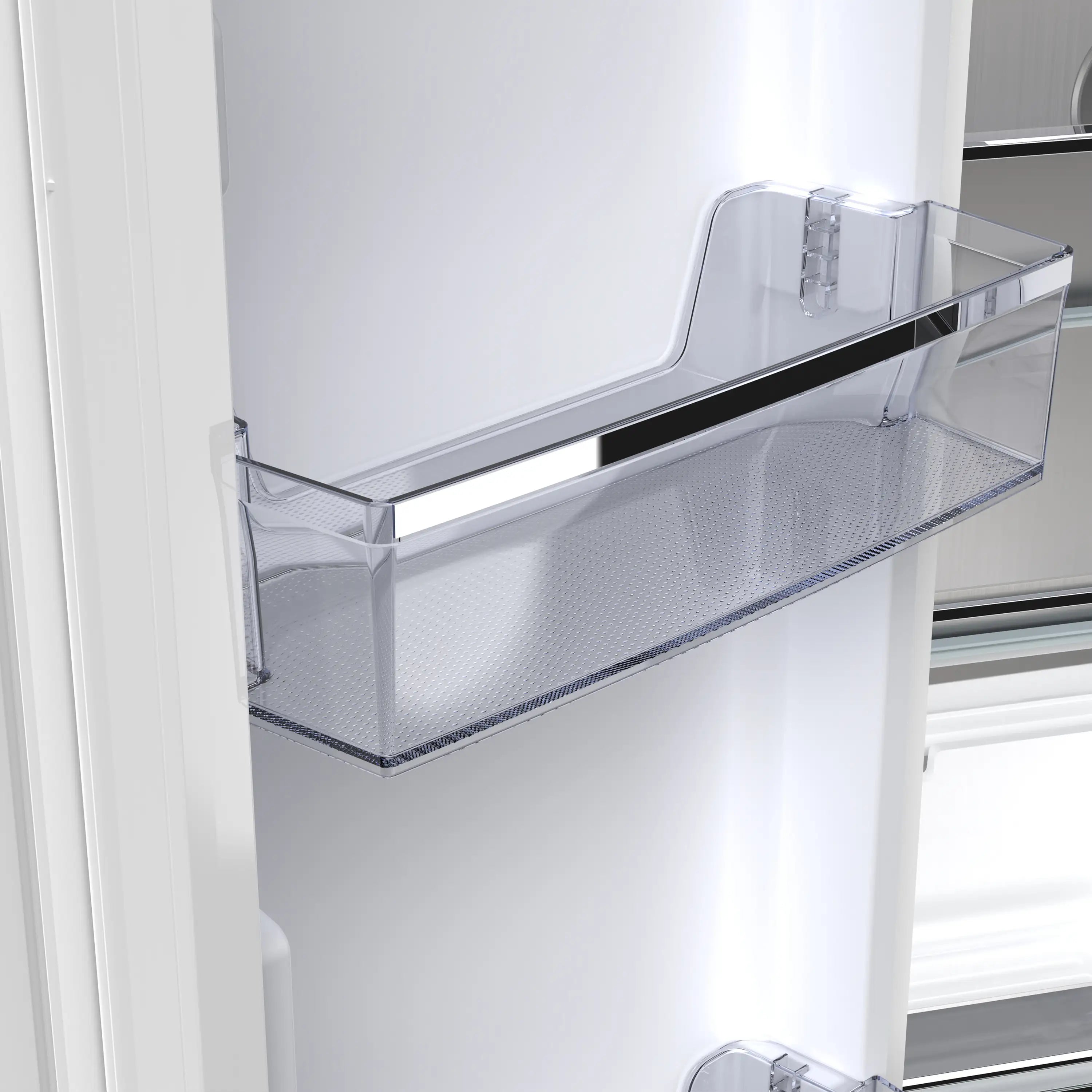 Refrigerator door bin with clear compartment and shiny gold trim
