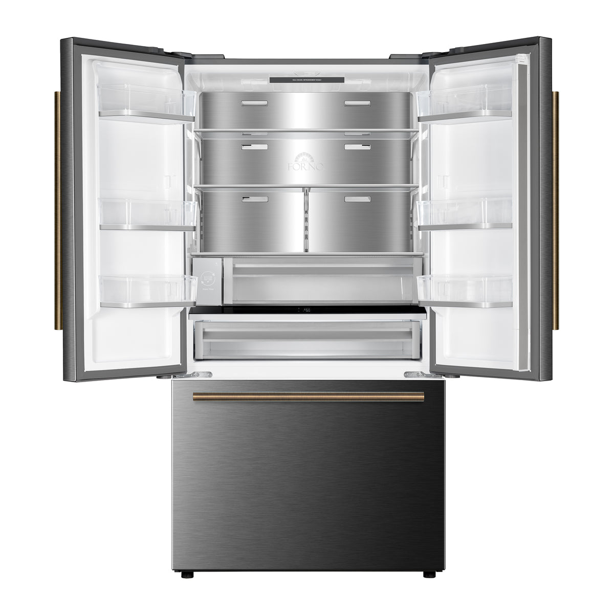 Forno Fiorano 36-Inch French Door Refrigerator with 20.2 Cu. Ft. Internal Water Dispenser & Automatic Ice Maker in Black with Antique Brass Trim