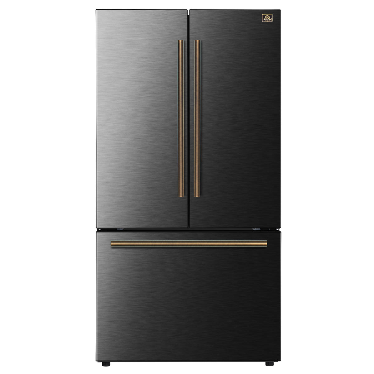 Forno Fiorano 36-Inch French Door Refrigerator with 20.2 Cu. Ft. Internal Water Dispenser & Automatic Ice Maker in Black with Antique Brass Trim