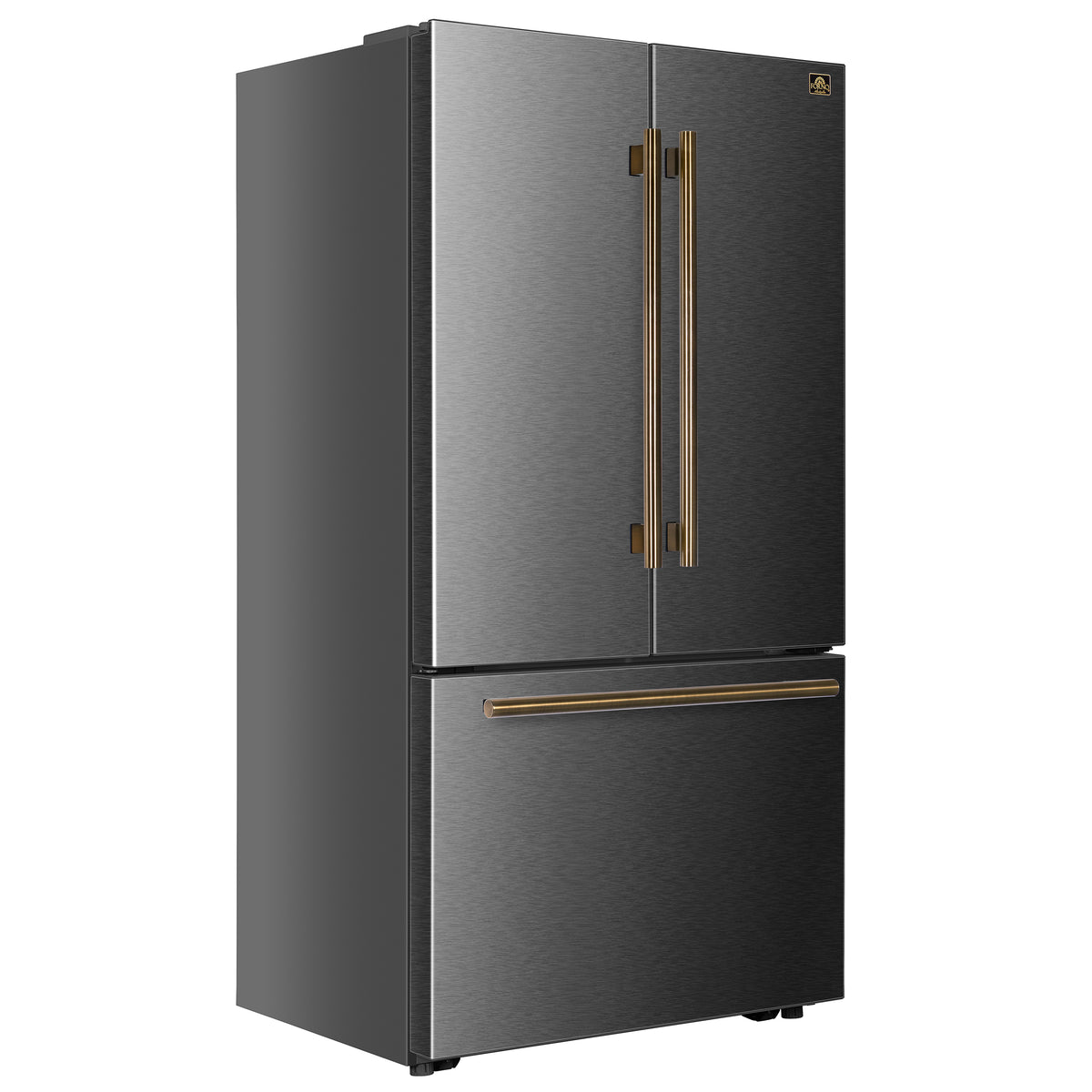 Forno Fiorano 36-Inch French Door Refrigerator with 20.2 Cu. Ft. Internal Water Dispenser & Automatic Ice Maker in Black with Antique Brass Trim
