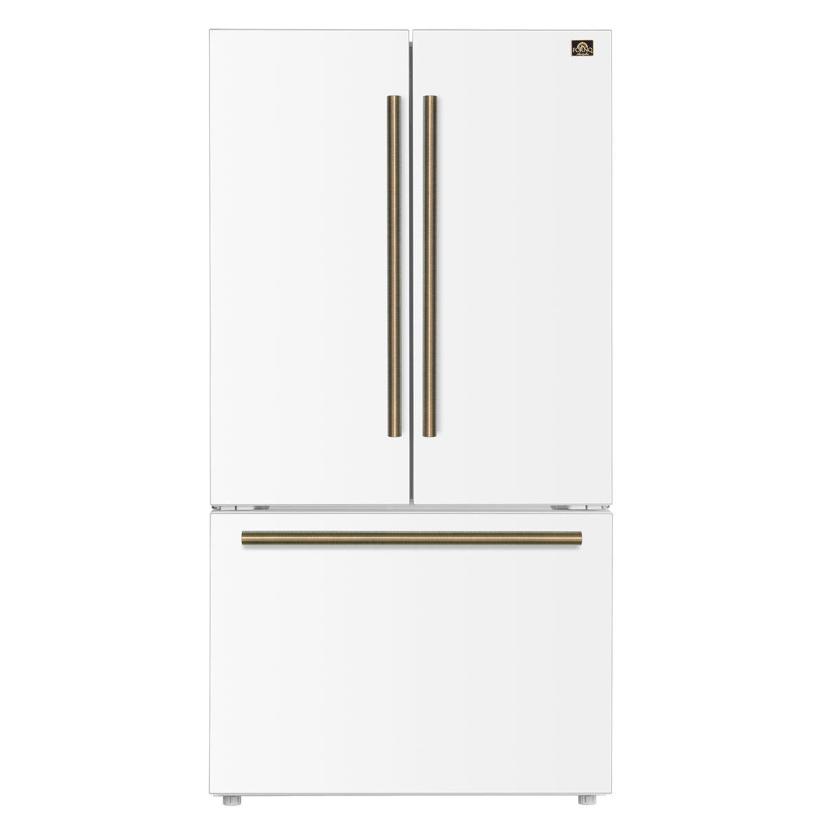 Forno Fiorano 36-Inch French Door Refrigerator with 20.2 Cu. Ft. Internal Water Dispenser & Automatic Ice Maker in White with Antique Brass Trim