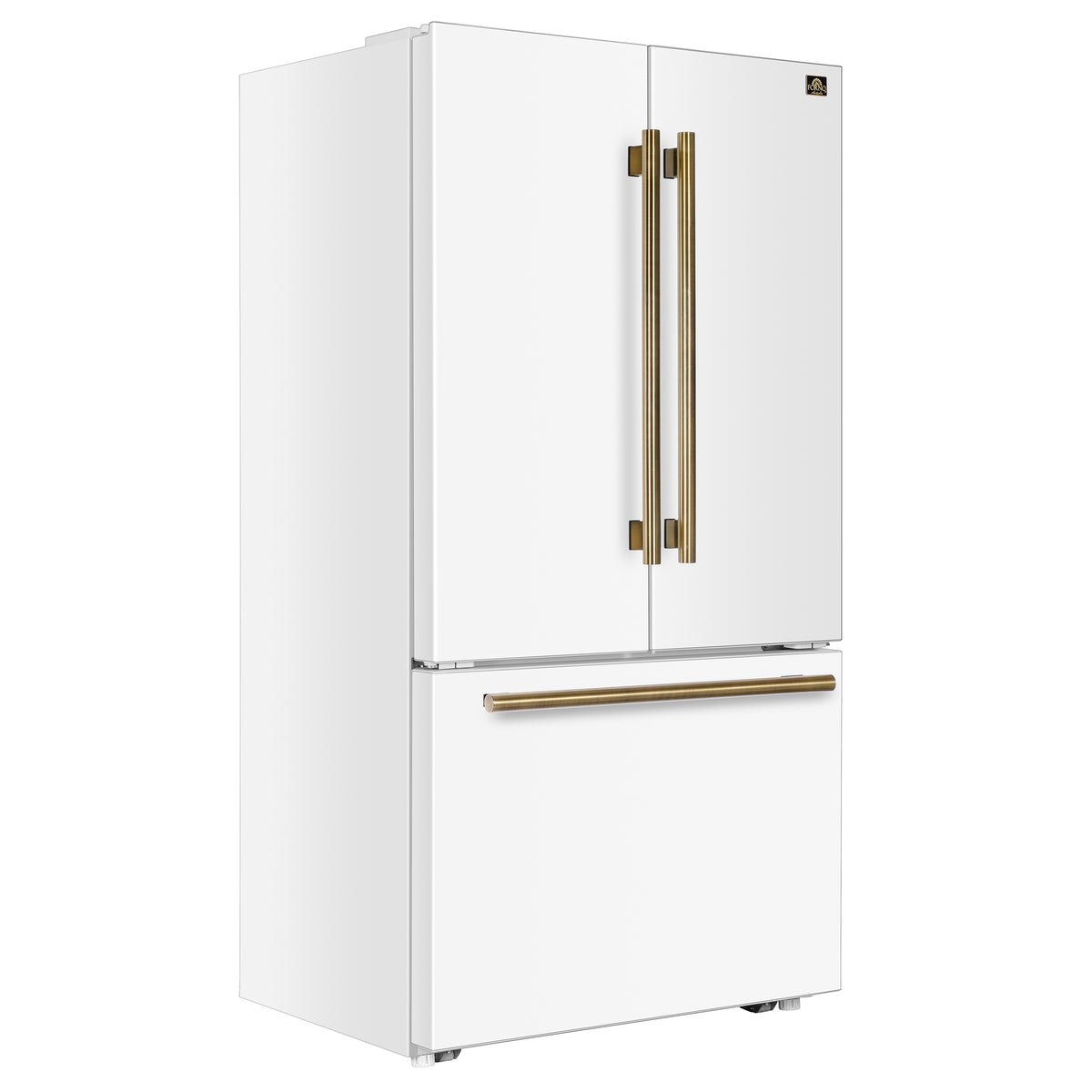 Forno Fiorano 36-Inch French Door Refrigerator with 20.2 Cu. Ft. Internal Water Dispenser & Automatic Ice Maker in White with Antique Brass Trim