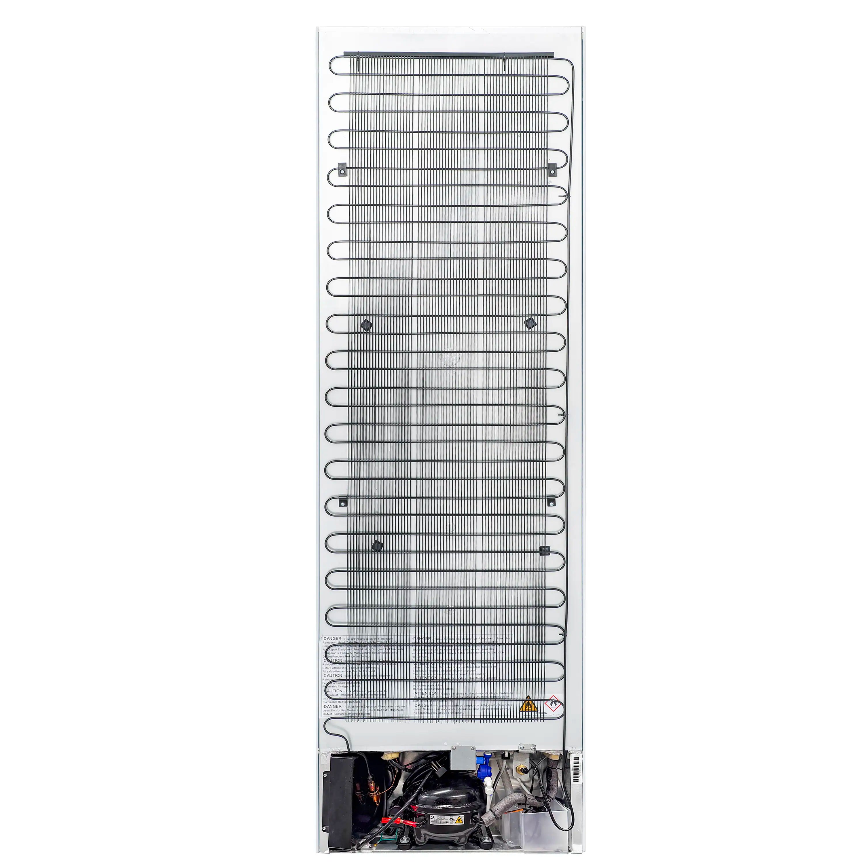 Freezer vent panel with coiled wiring and airflow grille, inside metal housing.