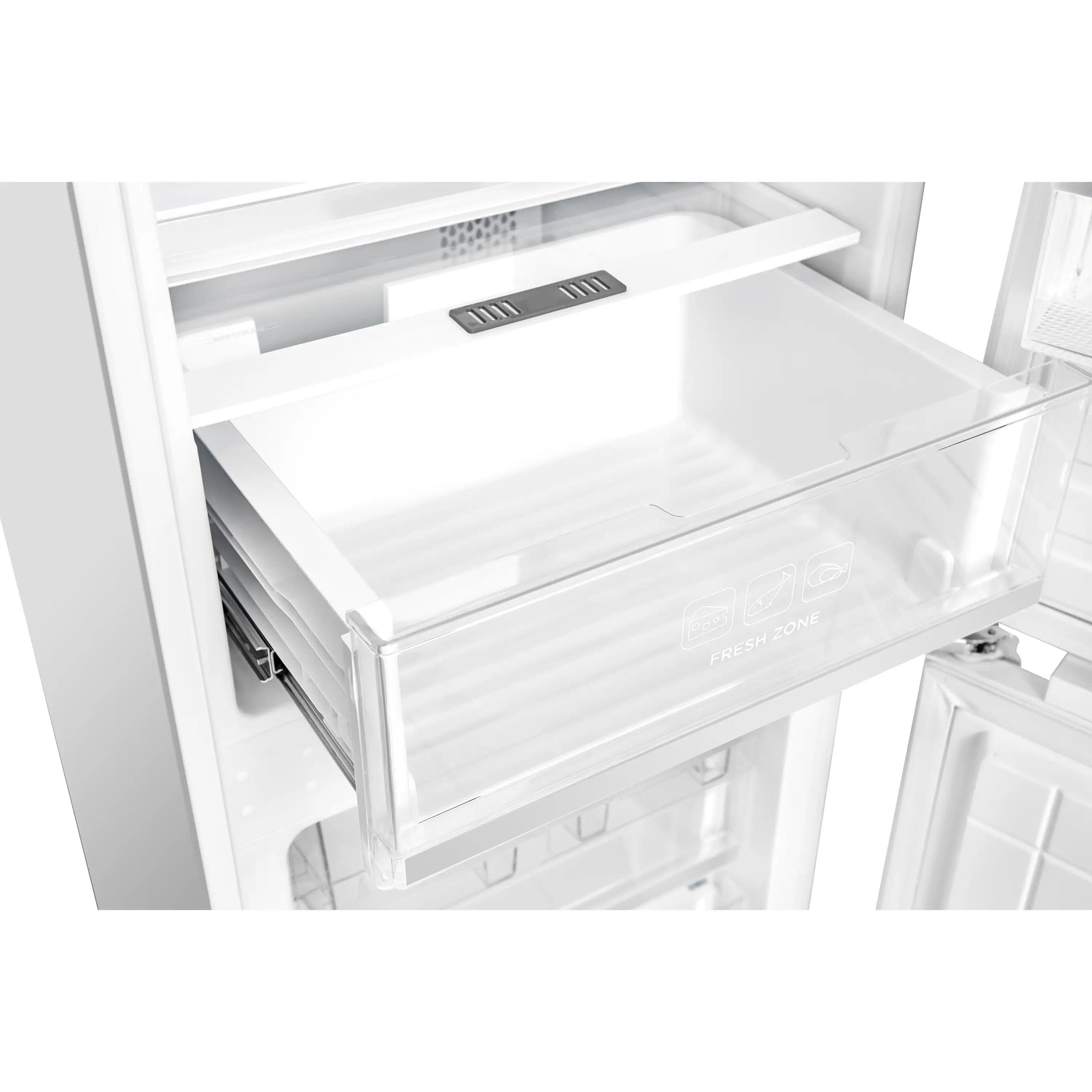 Refrigerator interior with clear drawers and shelves; door ice maker area at top.