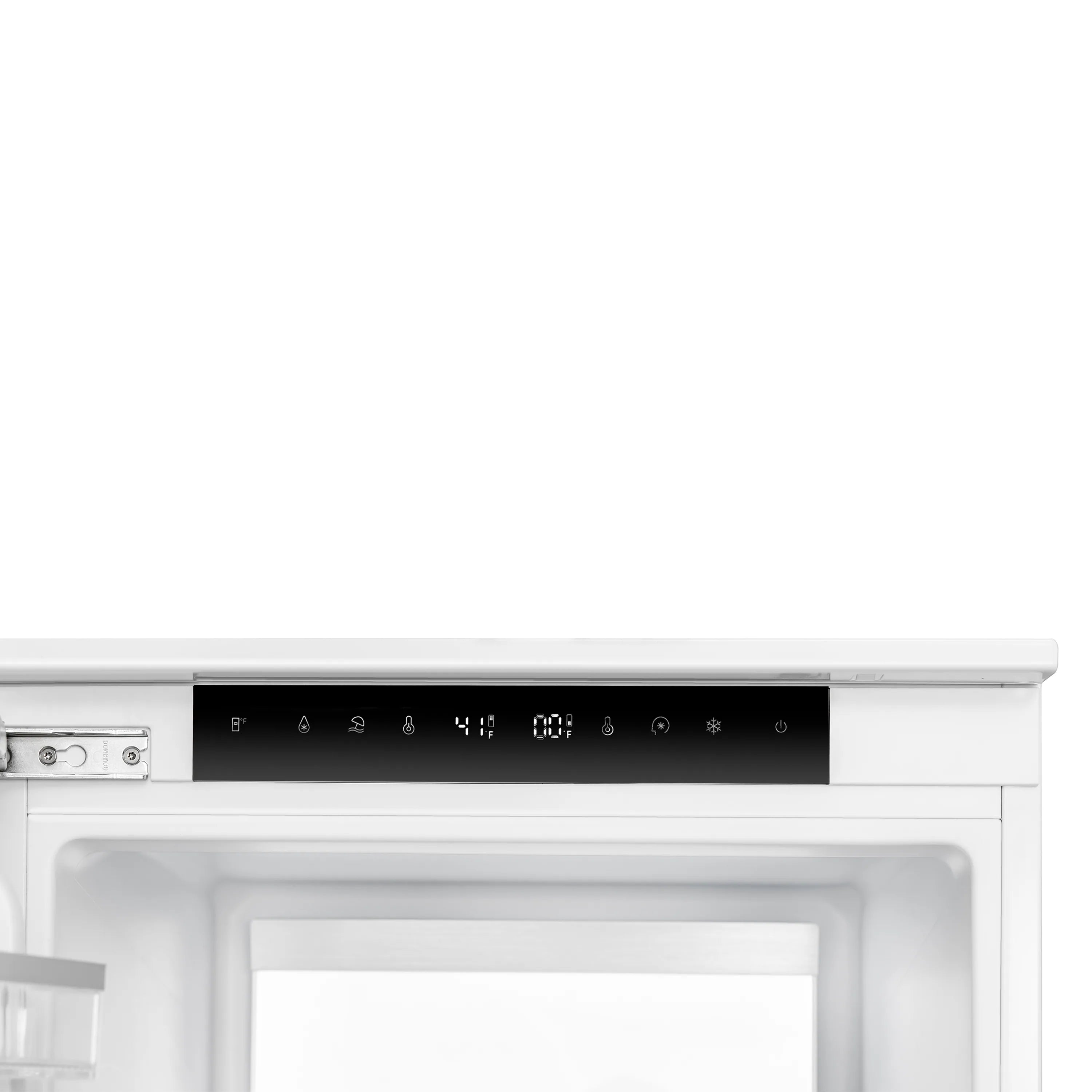 Built-in refrigerator control panel with LED display and icon buttons at top