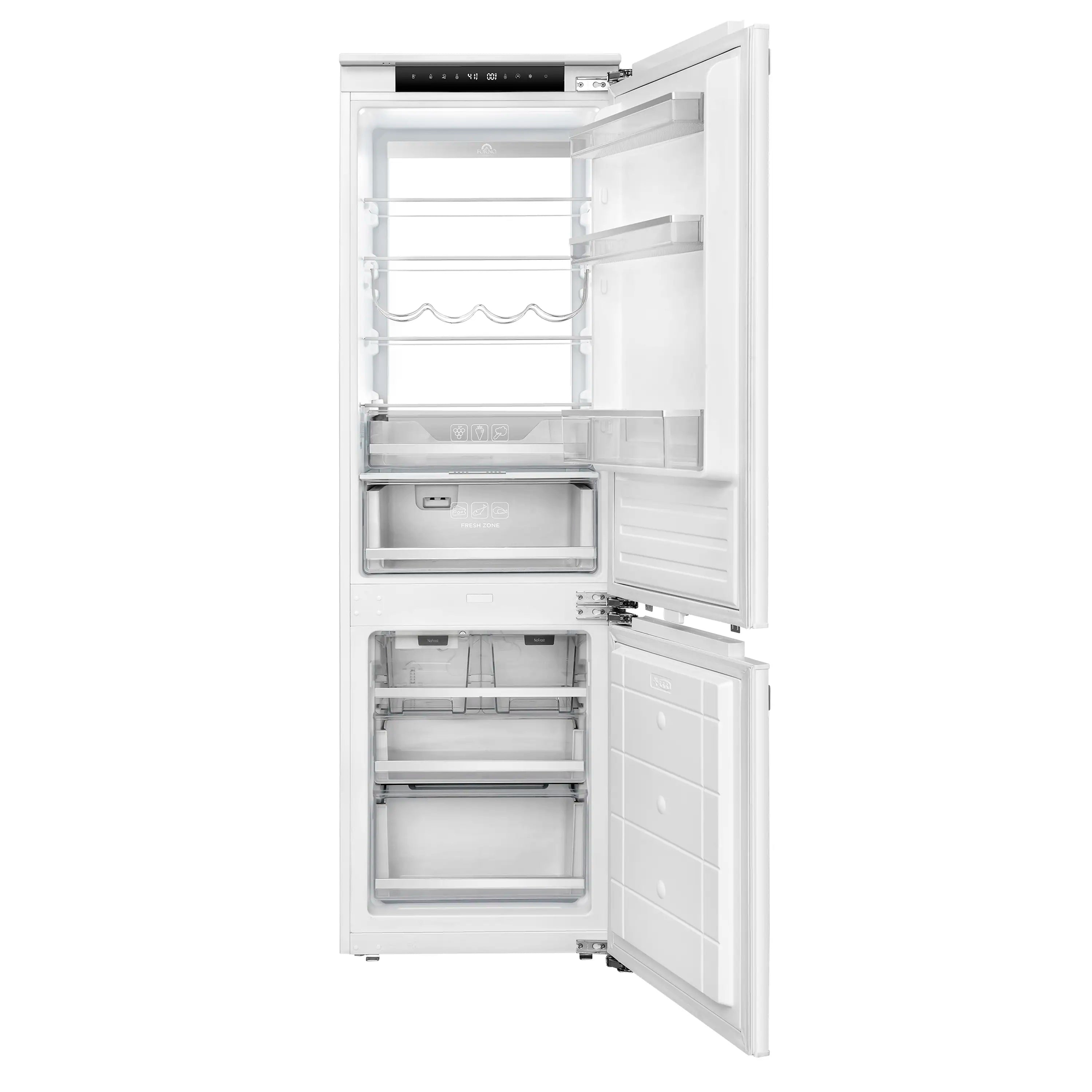 Open refrigerator door showing fresh food shelves, drawers, and freezer compartment.