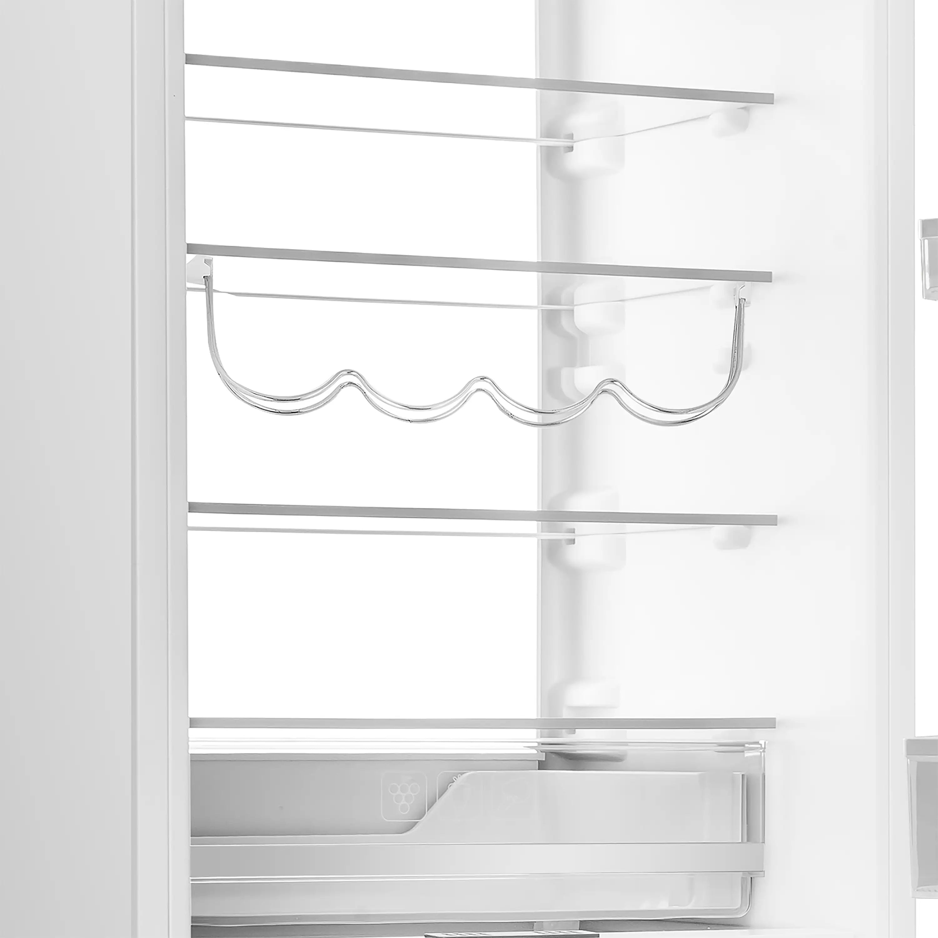 Refrigerator door with clear bottle shelf and rows of interior bins, white interior.
