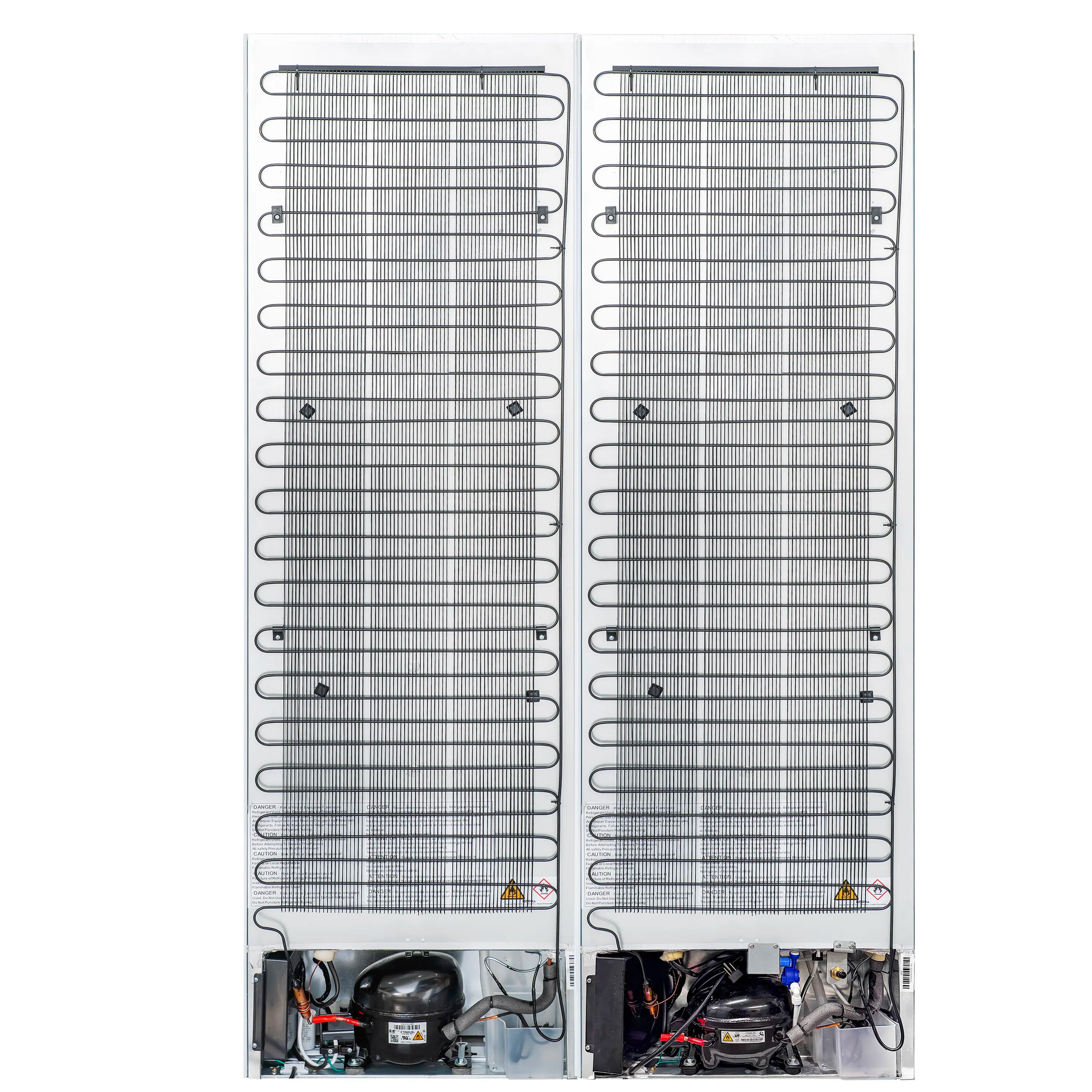 Built-in refrigerator rear component view with cooling coils and electrical connections
