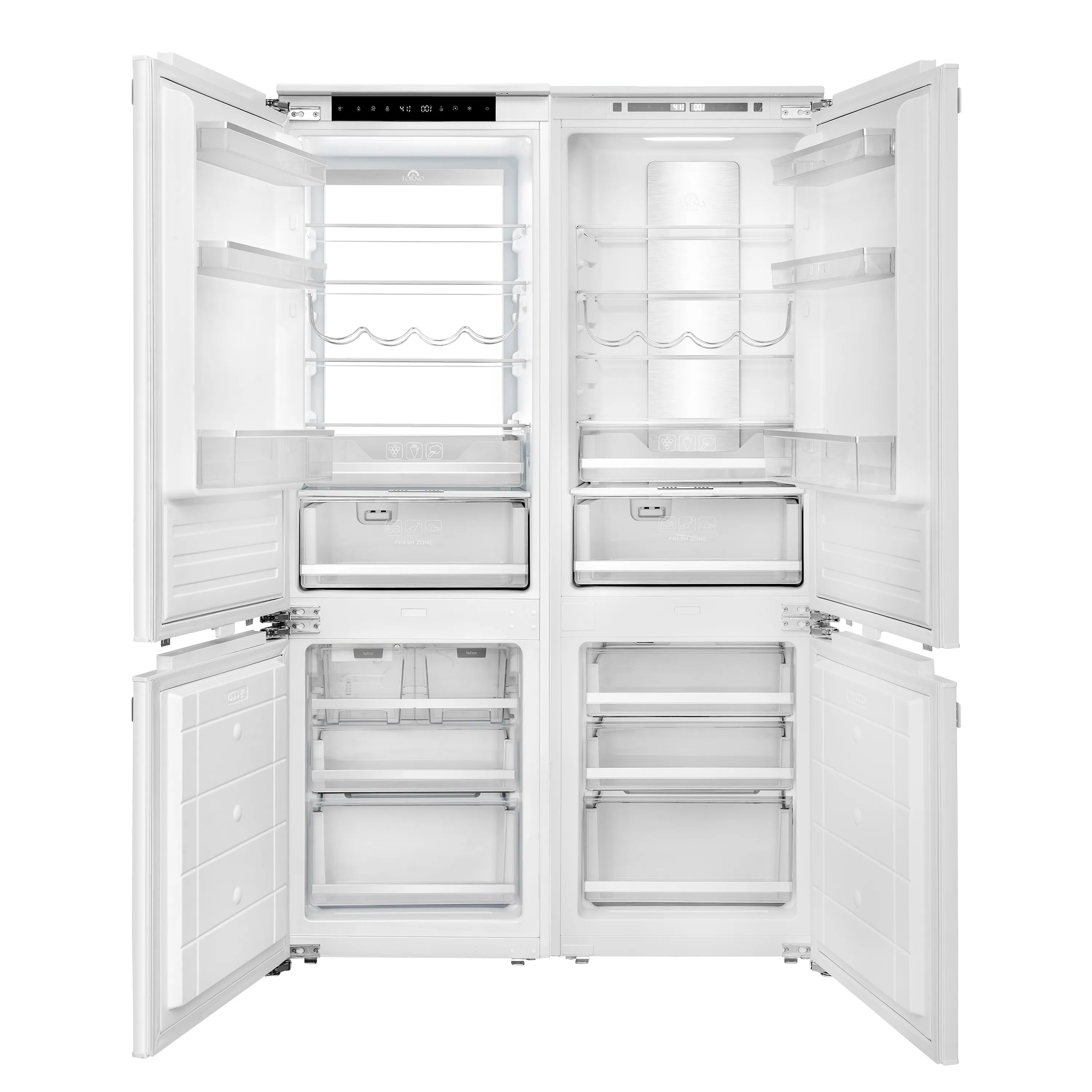Built-in refrigerator interior with adjustable glass shelves and freezer drawers