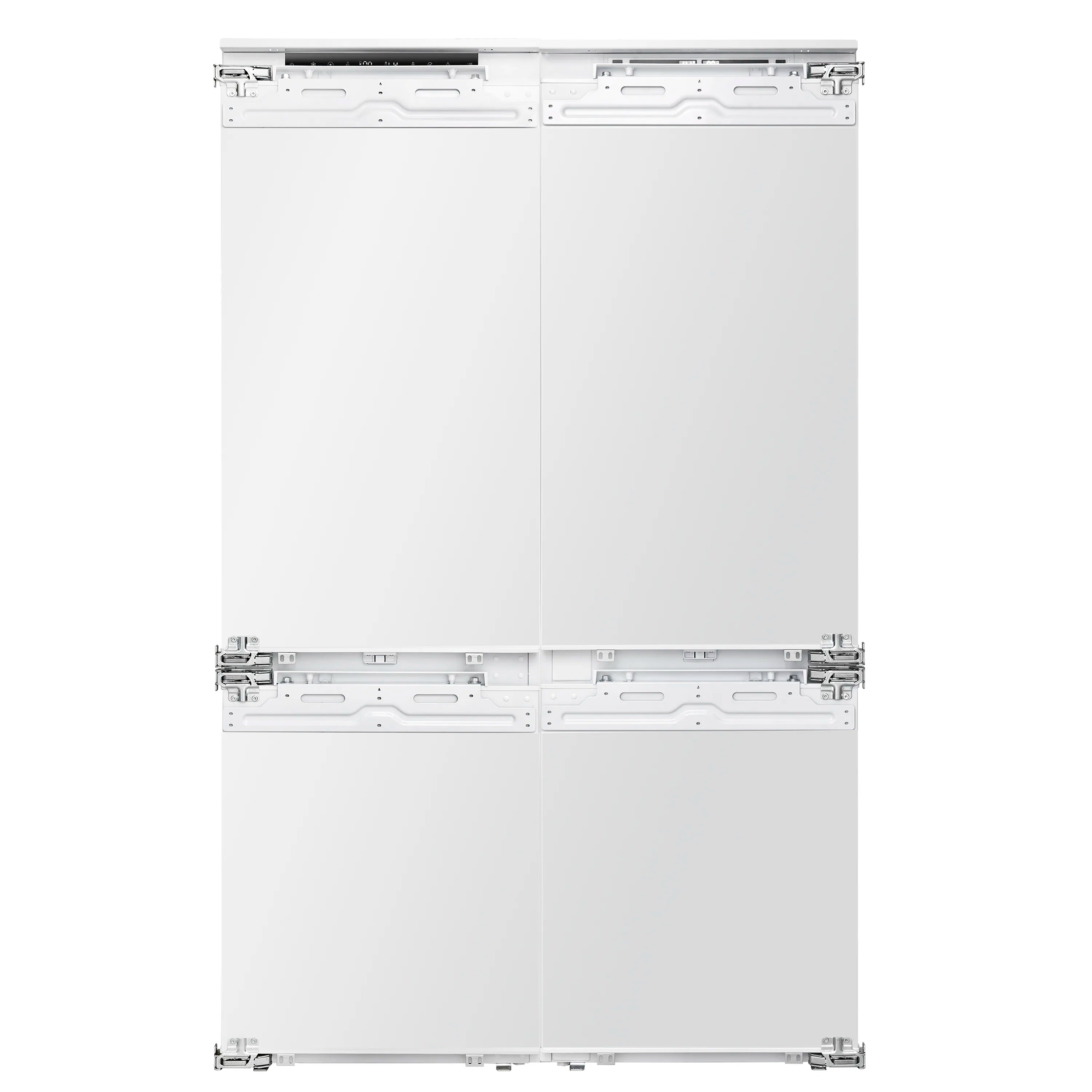 Built-in panel-ready refrigerator back panels and mounting brackets, doors removed