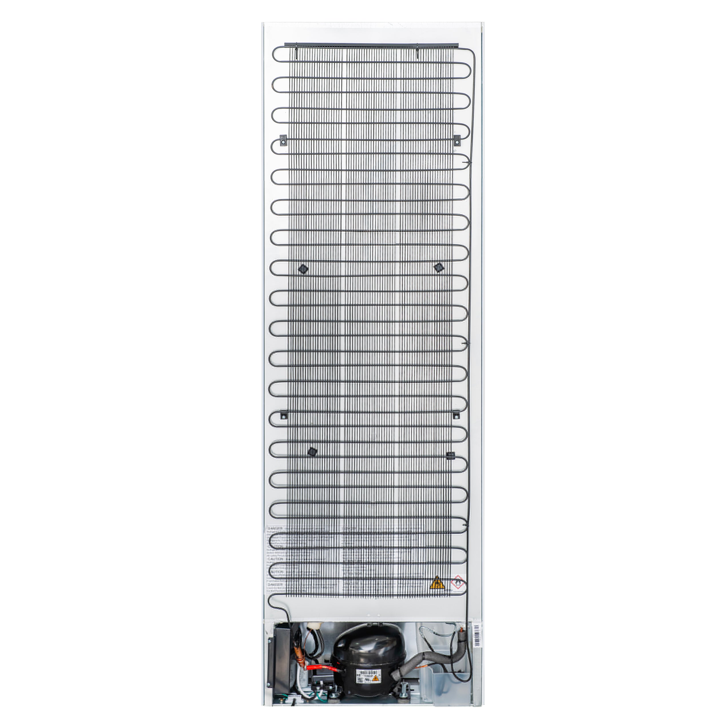 Refrigerator rear panel showing cooling coils and wiring compartment